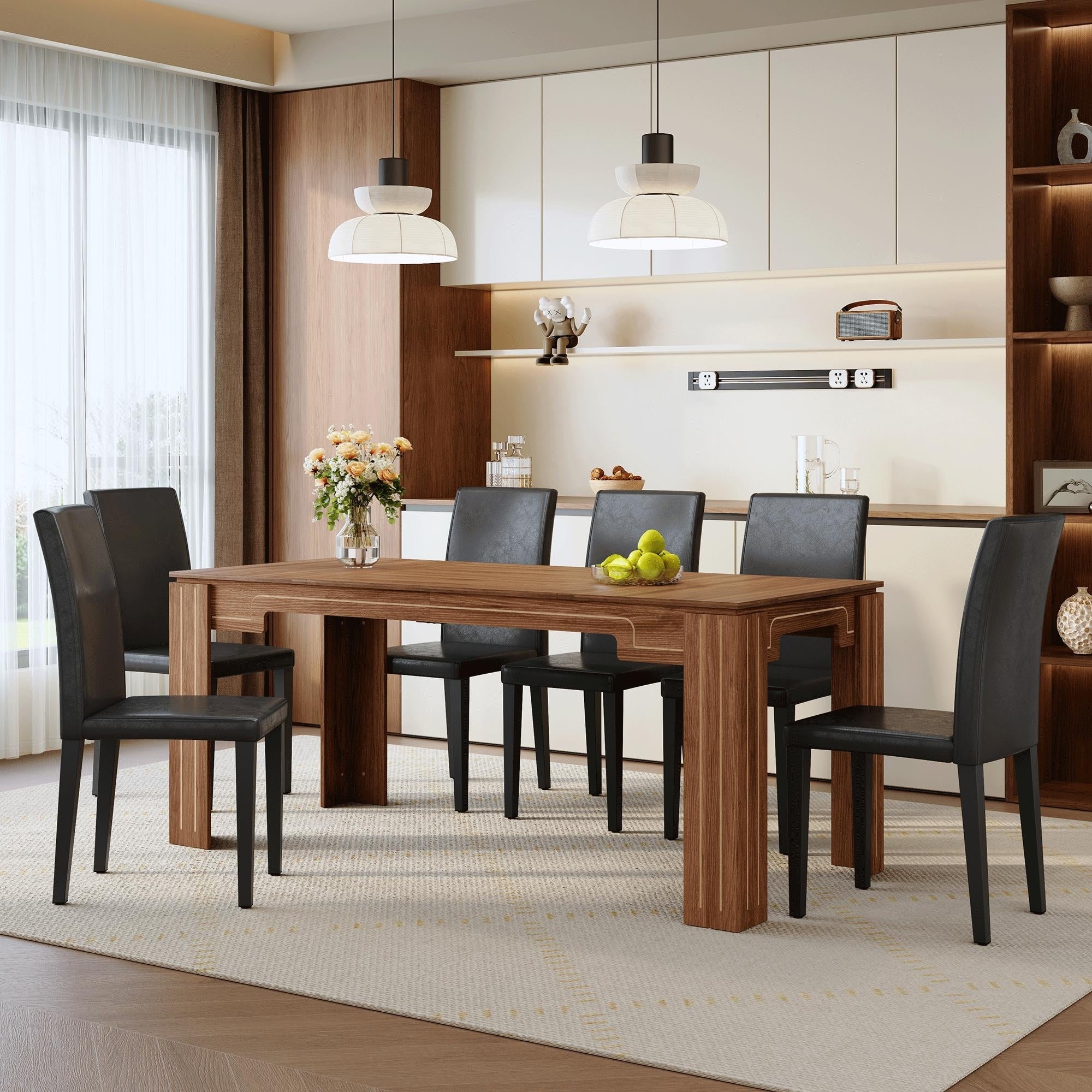 Roomfitters 71 Walnut Wood Grain Dining Table Set Black Pu Chairs Groove Leg Kitchen Seating For 6 8