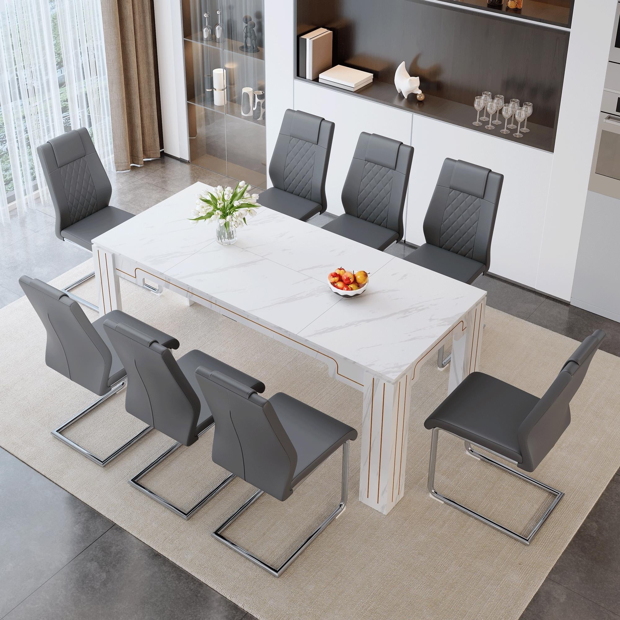 Roomfitters 71 White Marble Patterned Dining Table Set Dark Gray Pu Chairs Groove Design Mdf Kitchen Seating For 6 8
