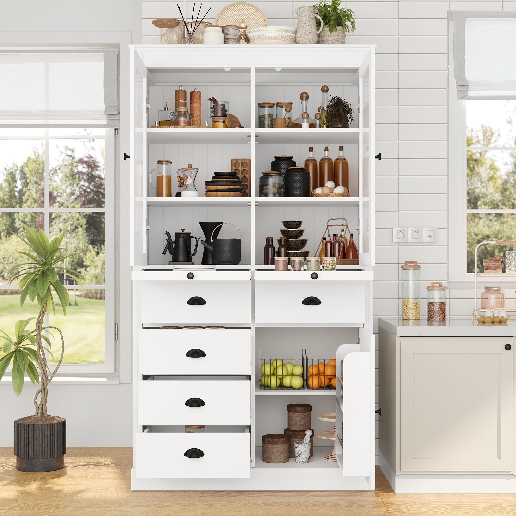 Roomfitters 72 Kitchen Pantry Organizers And Storage Kitchen Cabinet Storage Hutch With Glass Doors 5 Drawers