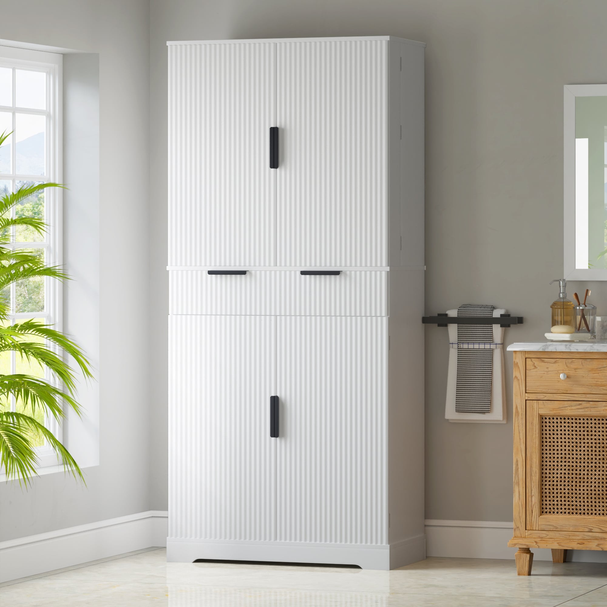 Roomfitters 72 Tall Fluted Kitchen Pantry Cabinet With 4 Pull Out Drawers 6 Door Spice Racks