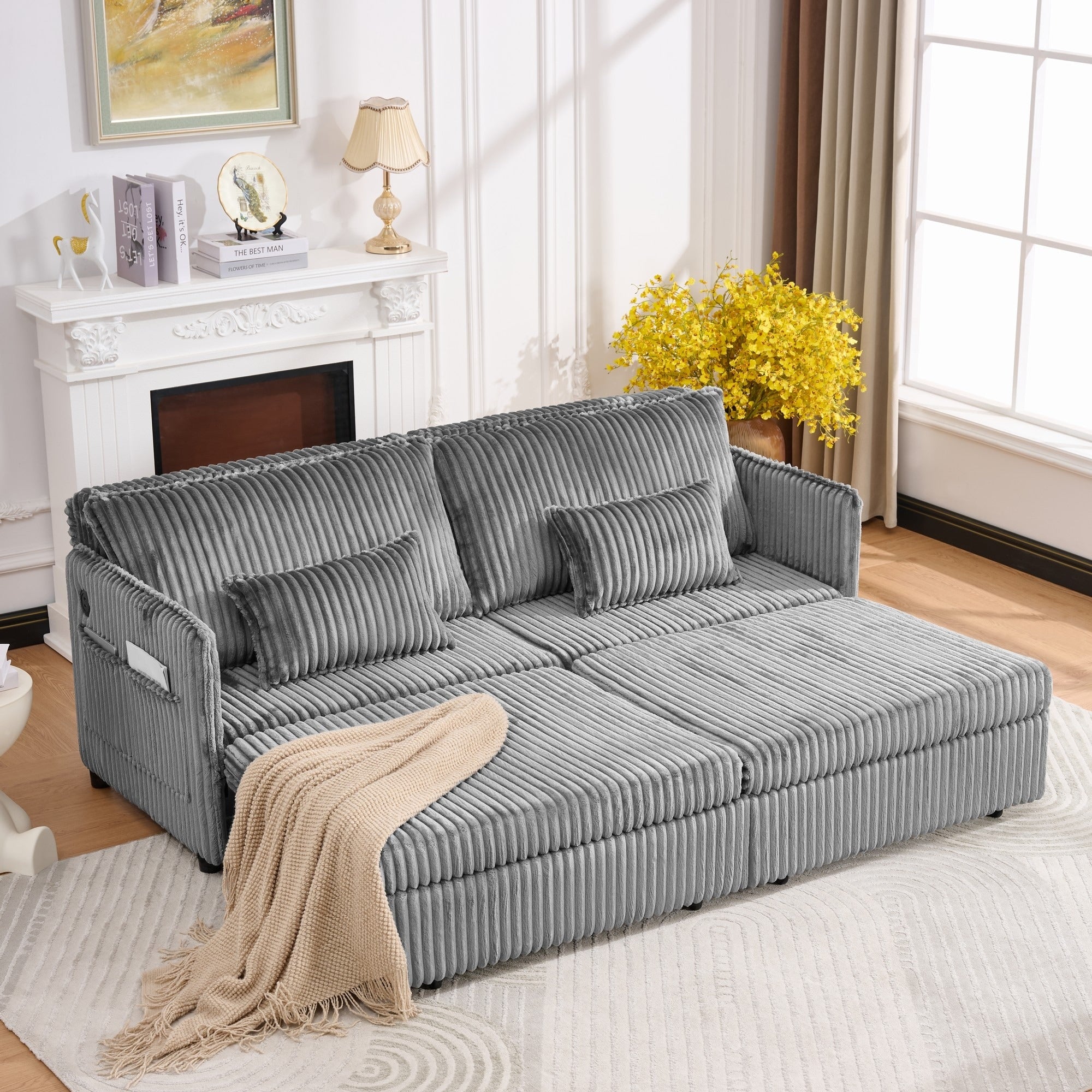 Roomfitters 73 Modern Corduroy Sofa Bed With Pull Out Sleeper Design Modular Daybed With Storage Pocket Pillows