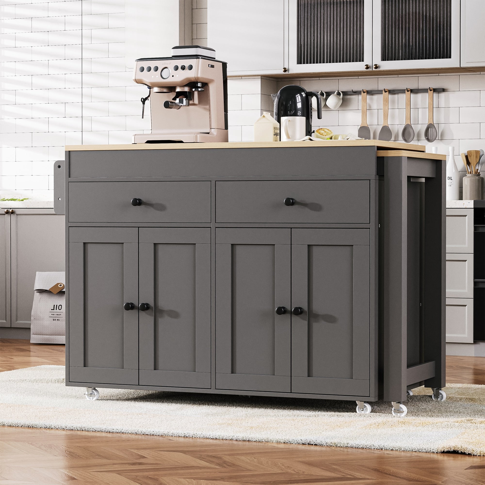Roomfitters 74.8 Rolling Kitchen Island With Extendable Dining Table Mobile Cart With 4 Doors 2 Drawers Spice Rack