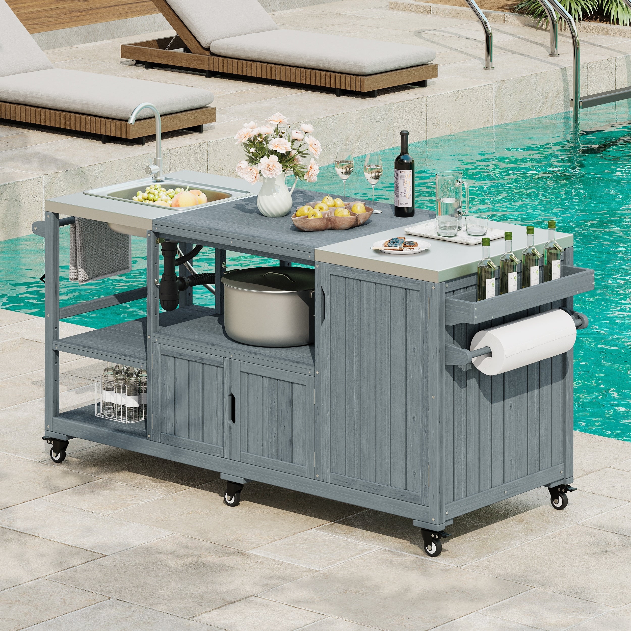 Roomfitters 75.4 Outdoor Kitchen Island With Sink Fir Wood Grill Cart For Xl Green Egg Tabletop Grills