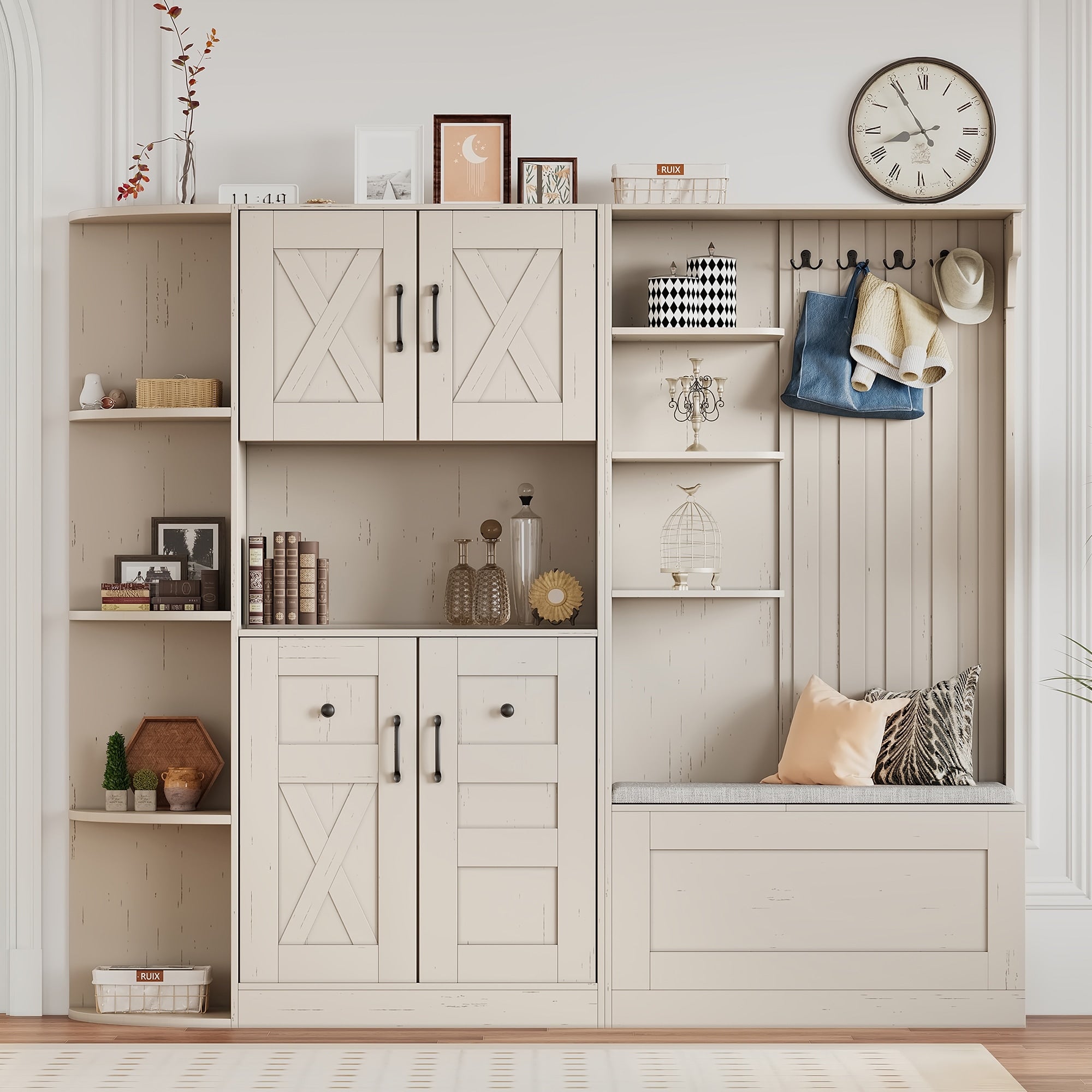 Roomfitters 75 2 In 1 Entryway Hall Tree Storage Cabinet Set Detachable Mudroom Unit 8 Shelves 5 Cabinets