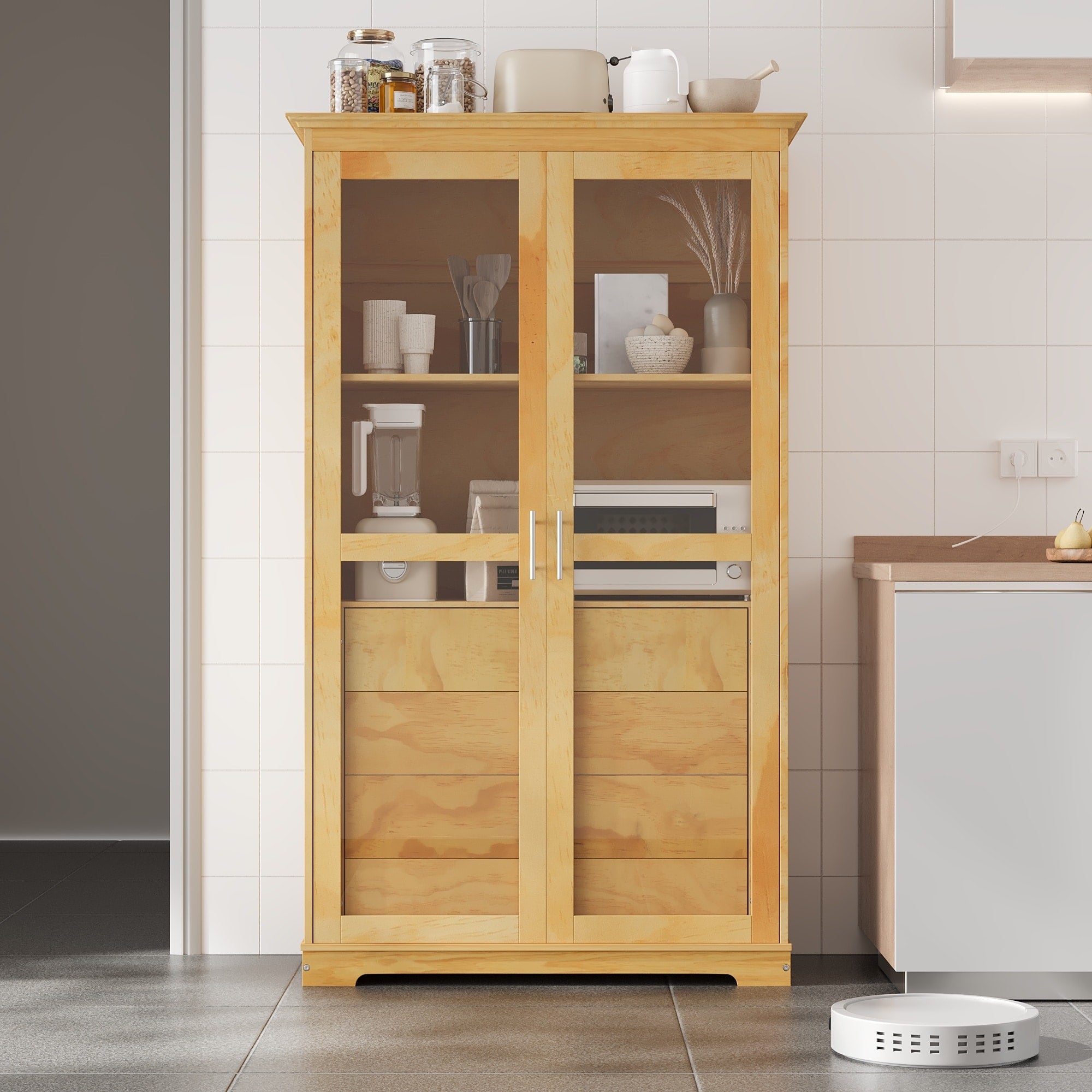 Roomfitters 75 Kitchen Pantry Freestanding Storage Cabinet Display Cabinet With Glass Doors And 4 Drawers