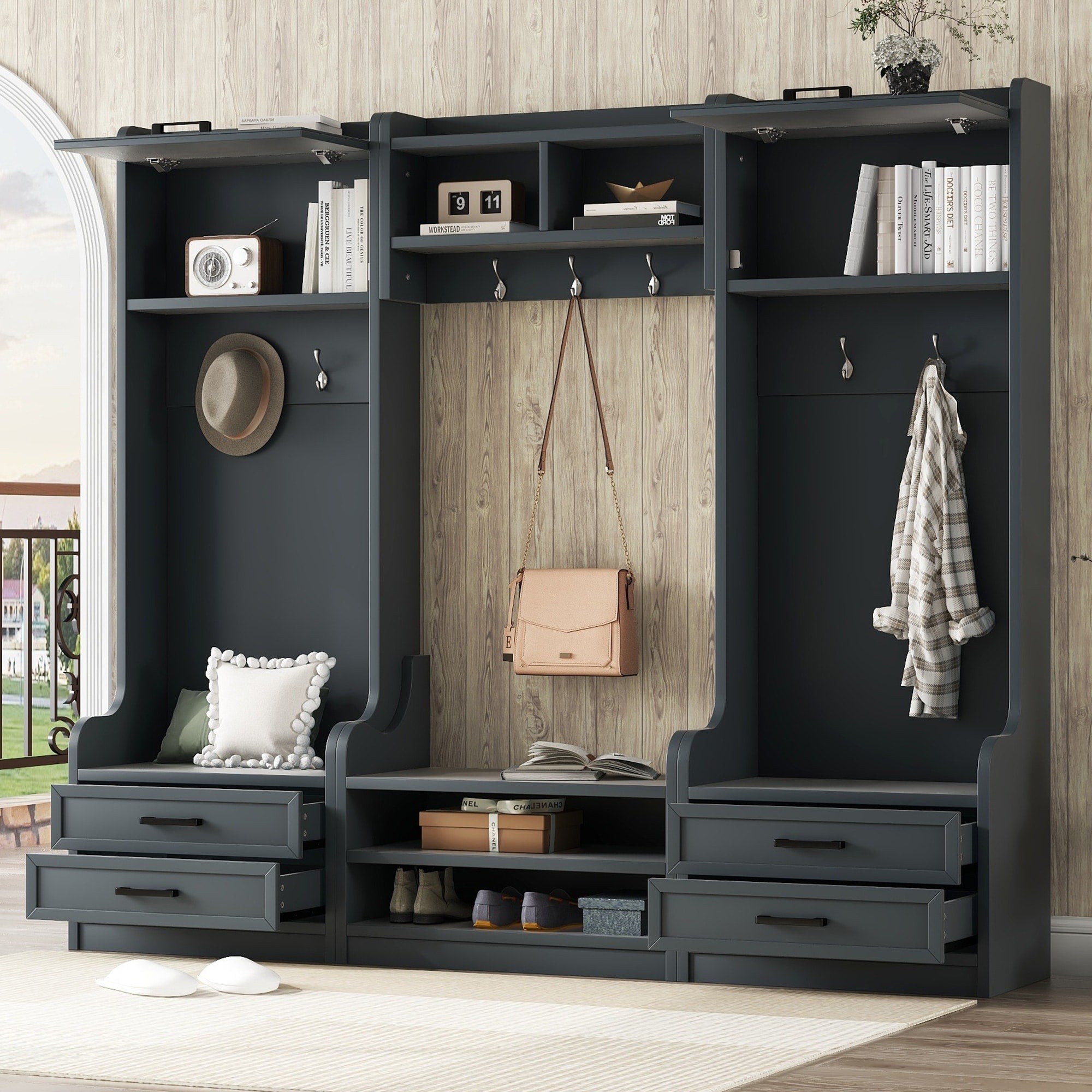 Roomfitters 78 4 In 1 Detachable Hall Tree Storage Bench 7 Hooks Antique Blue Mudroom Set 4 Storage Units Flip Cabinets