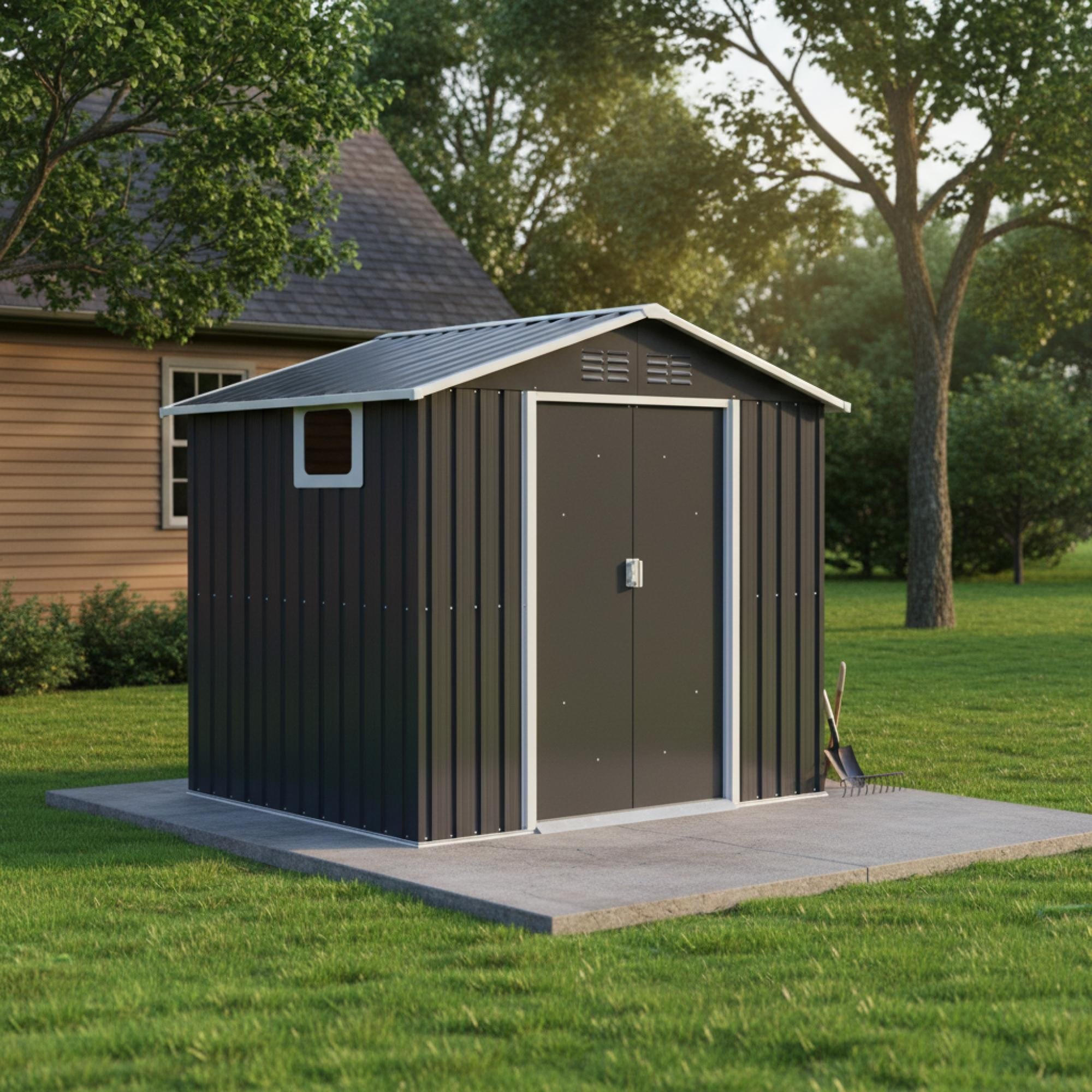Roomfitters 7X4.3Ft Metal Storage Shed Outdoor Backyard Garden House Sliding Door Lockable Tool Storage Box Vents Grey