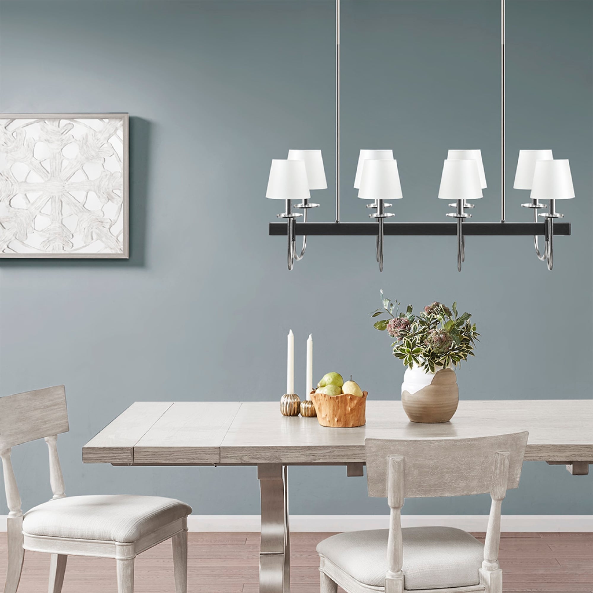 Roomfitters 8 Light Traditional Chandelier Black Silver Island Light Luxury Rectangular Fabric Drum Shade Ceiling Fixture