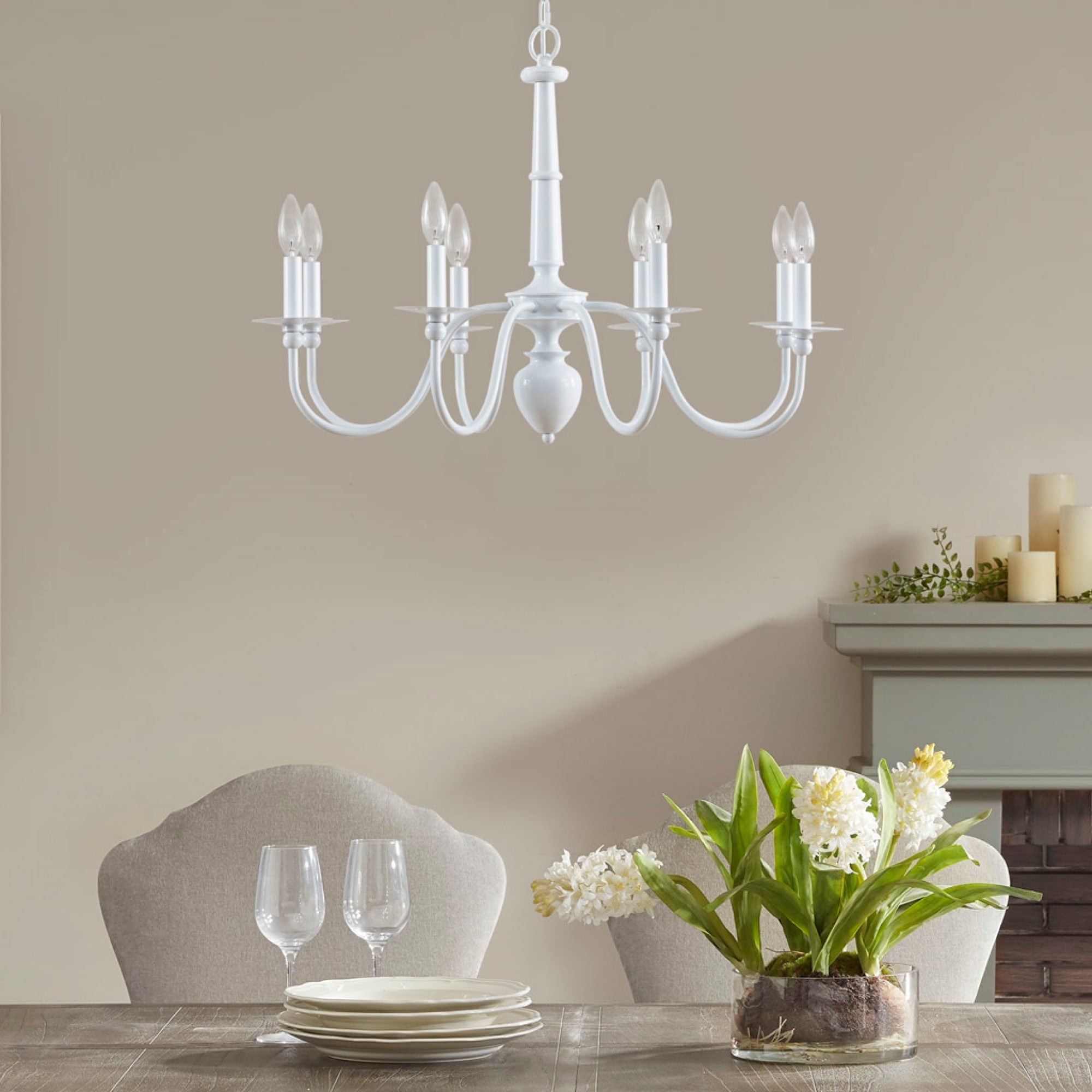 Roomfitters 8 Light Traditional Metal Chandelier Glossy White Candelabra Ceiling Luxury Large Hanging Fixture For Bedroom