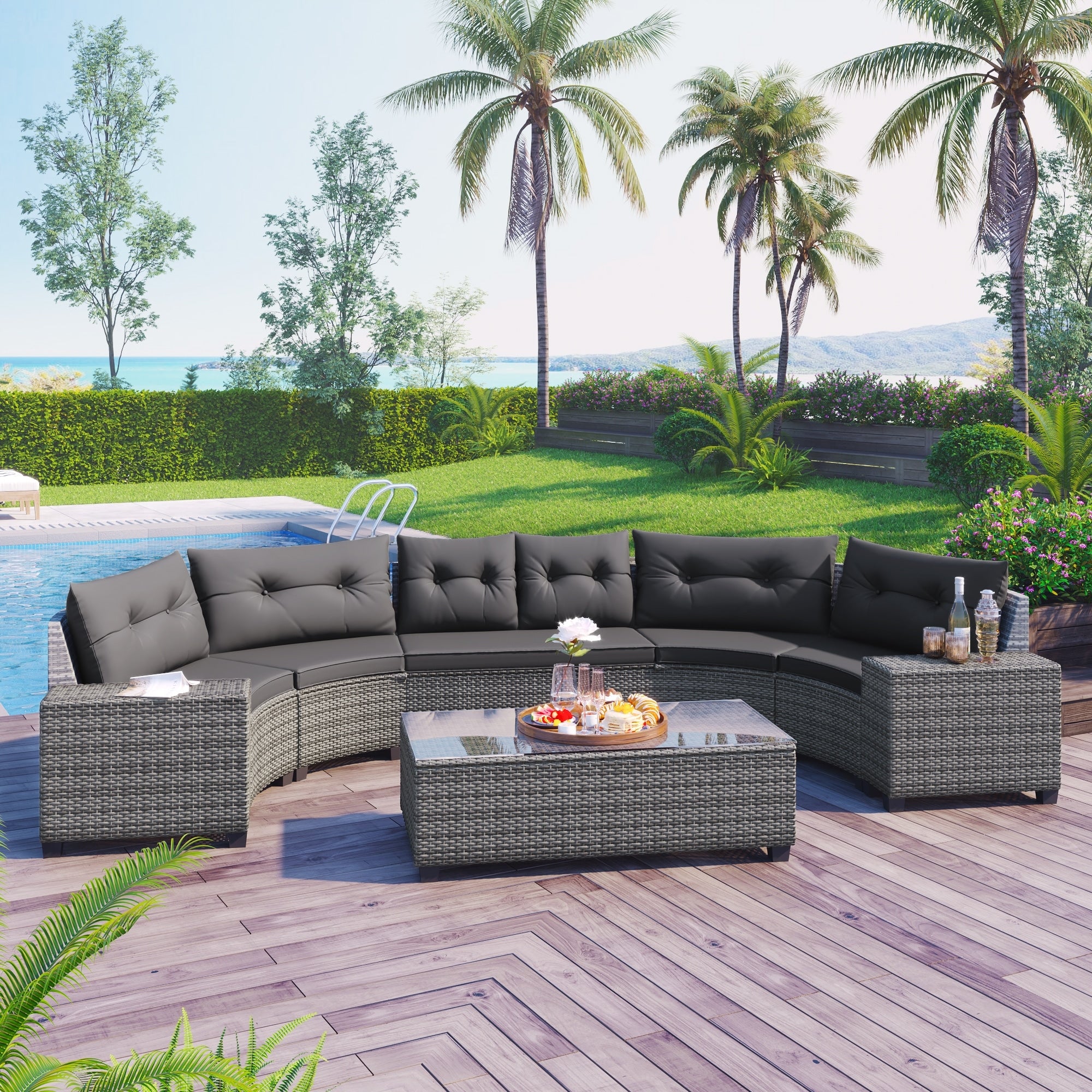Roomfitters 8 Piece Half Moon Curved Outdoor Sectional Sofa Set Grey Pe Rattan Wicker Patio Furniture With Coffee Table Gray