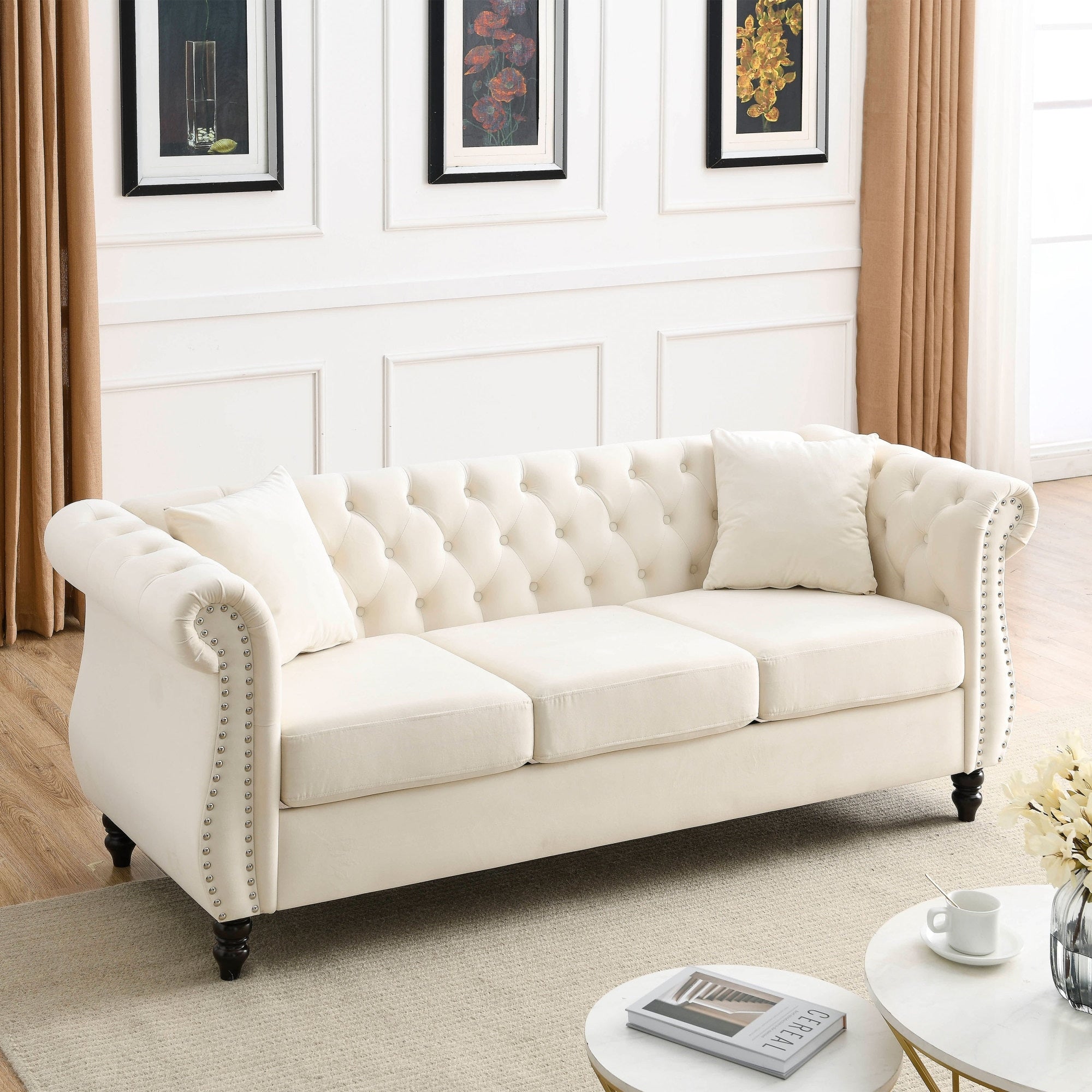 Roomfitters 80 Chesterfield Upholstered Sofa Elegant 3 Seater Couch With Button Accented Back And Rolled Arms Beige