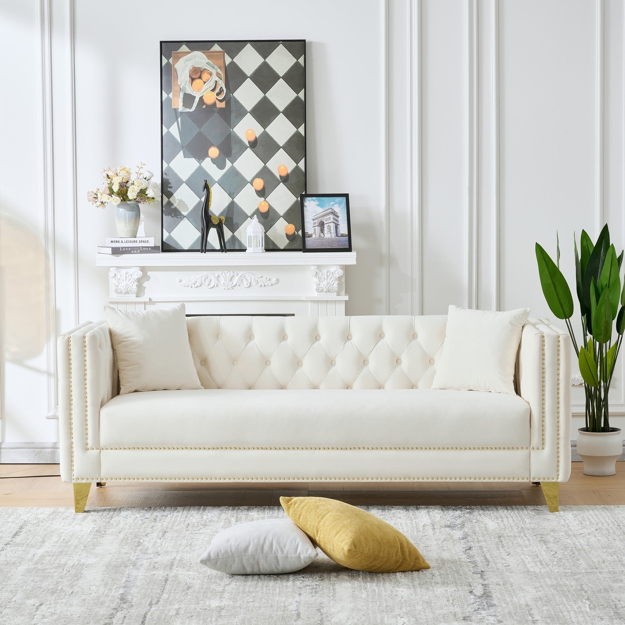 Roomfitters 80 Modern Tuxedo Sofa With Button Back And Gold Legs Upholstered Couch With Double Nailhead Trim