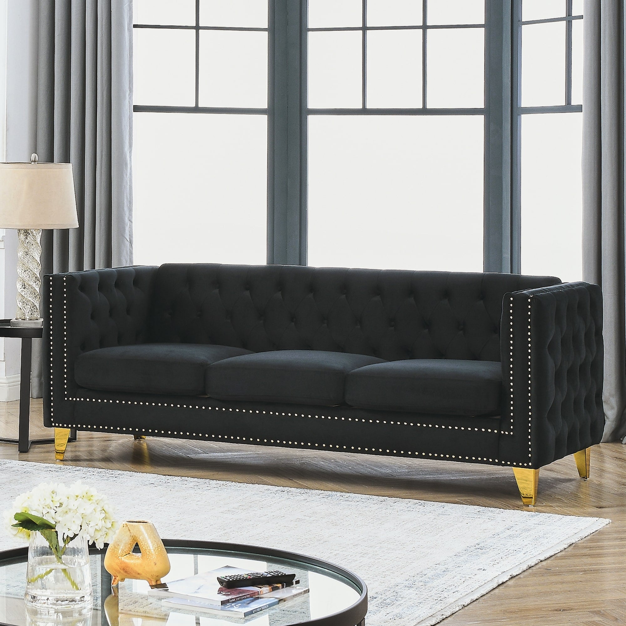 Roomfitters 80 Velvet Upholstered Sofa Elegant 3 Seater Couch With Gold Legs And Nailhead Trim For Living Room