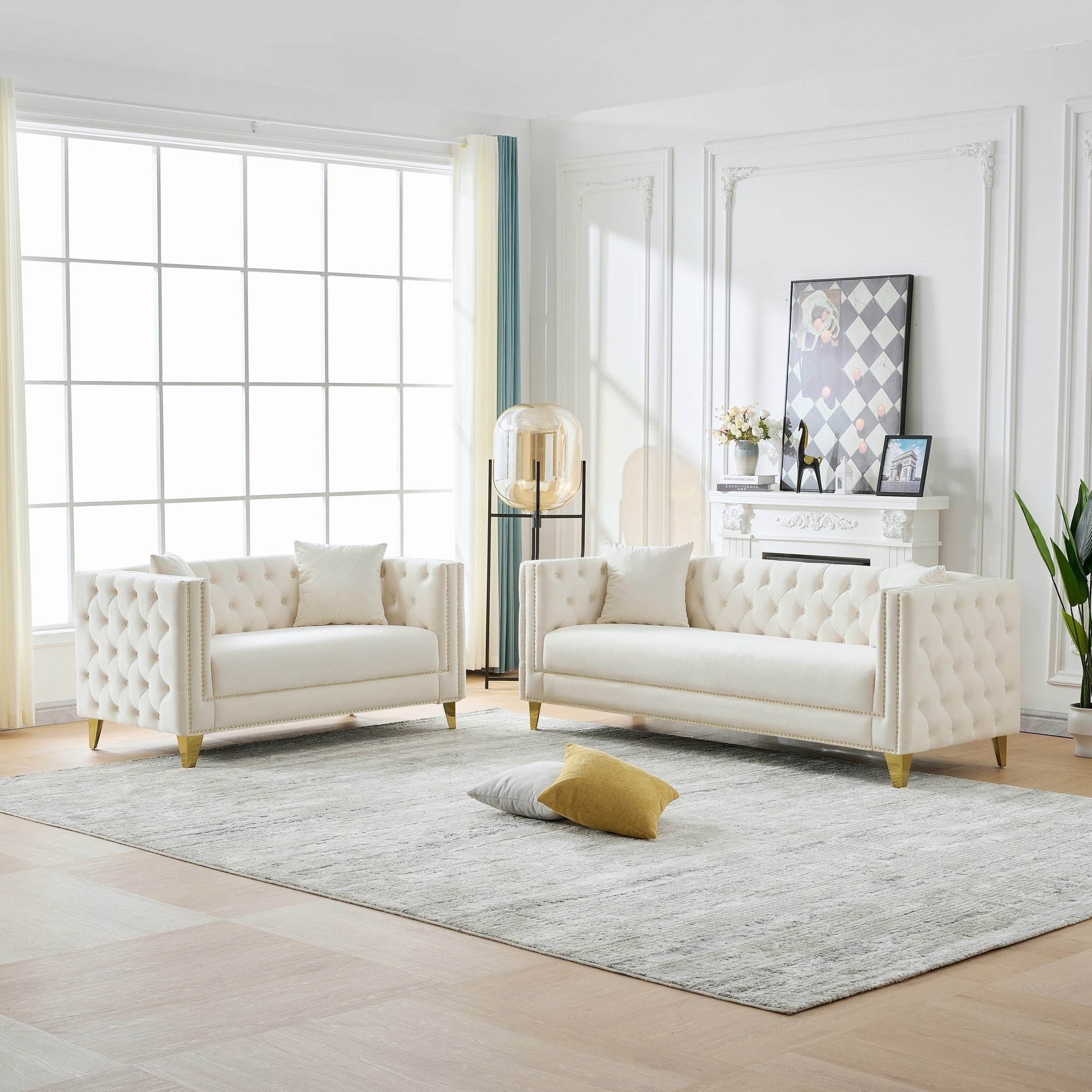 Roomfitters 80 And 58 Modern Tuxedo Sofa And Loveseat Set Buttoned Back Couch With Gold Legs And Nailhead Trim