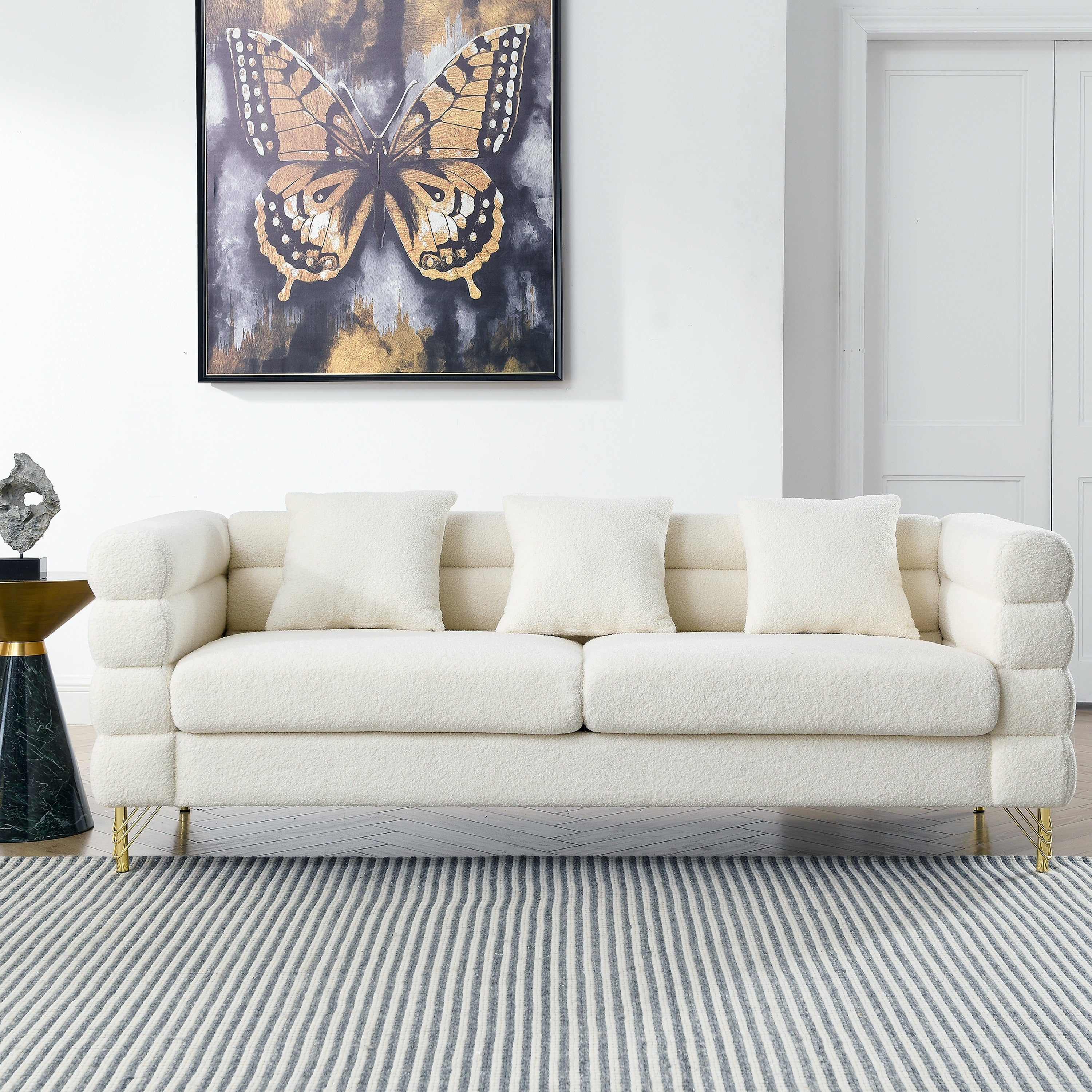 Roomfitters 81 3 Seater Sectional Sofa Modern Boucle Upholstered Couch With Gold Legs And 3 Pillows For Living Room