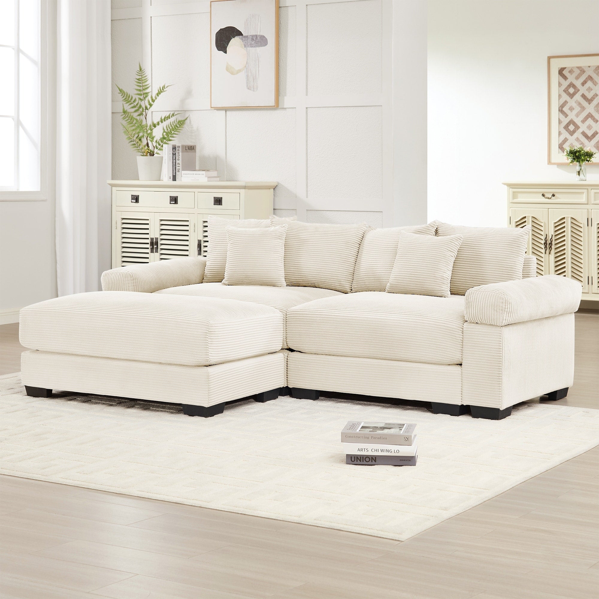 Roomfitters 82.6 92 Modular L Shape Sectional Corduroy Cloud Couch With Ottoman 6 Pillows