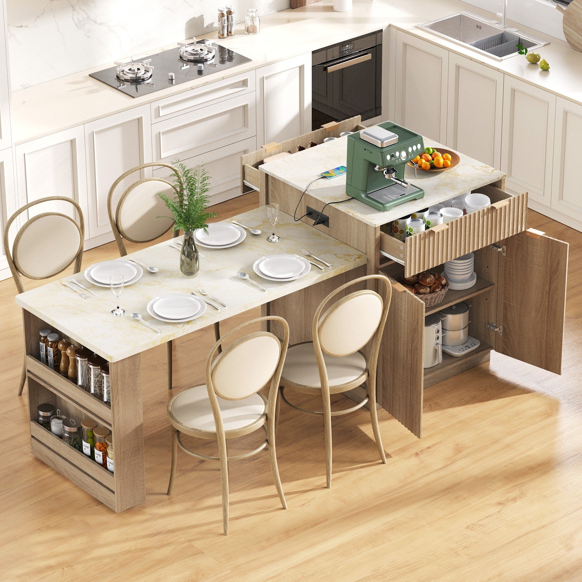 Roomfitters 82.6 Fluted Kitchen Island With 51 Extendable Dining Table For 4 6 Power Outlet