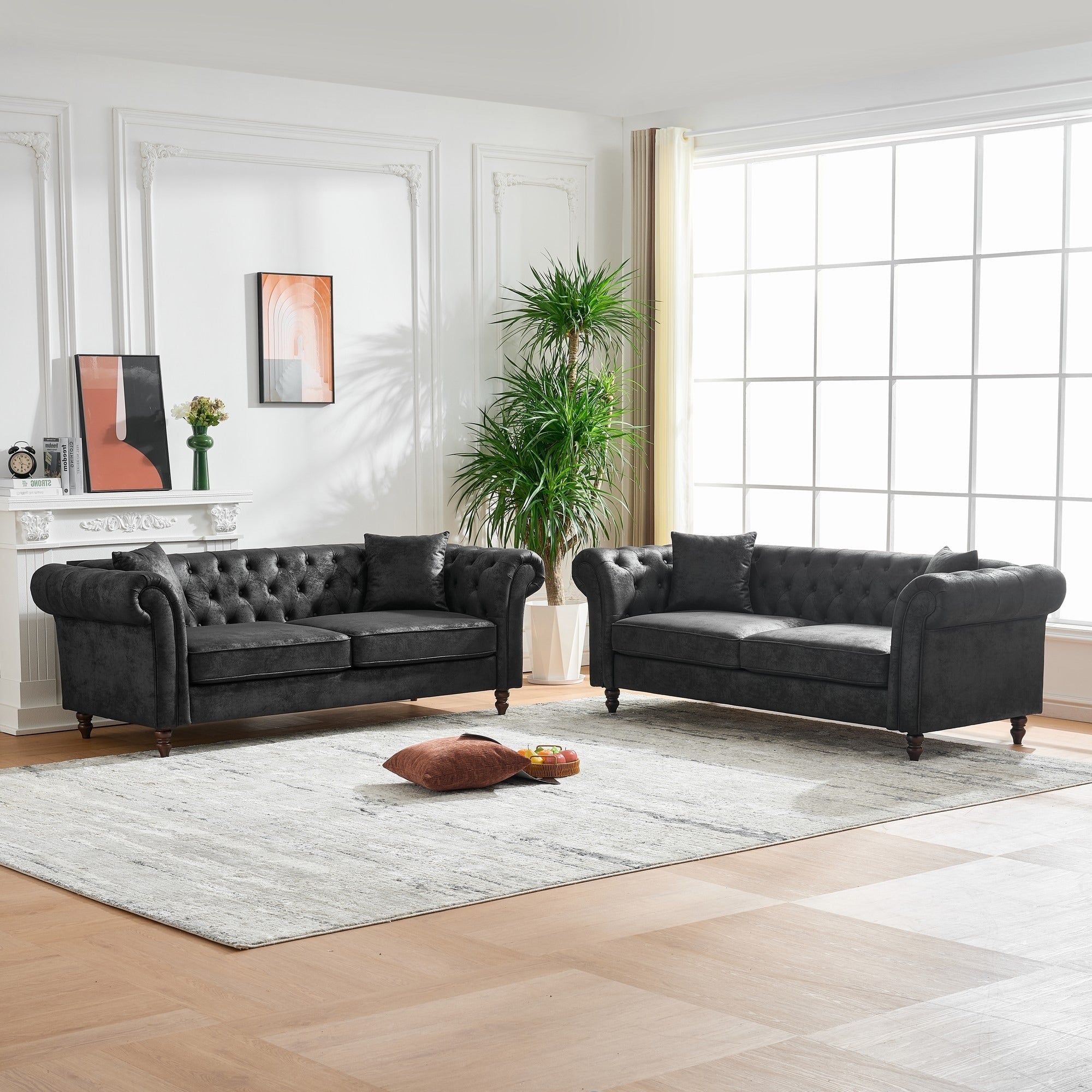 Roomfitters 83 Inch Classic Chesterfield Upholstered Sofa Set 2 Piece Buttoned Back Scrolled Arm Couch Furniture Set Black