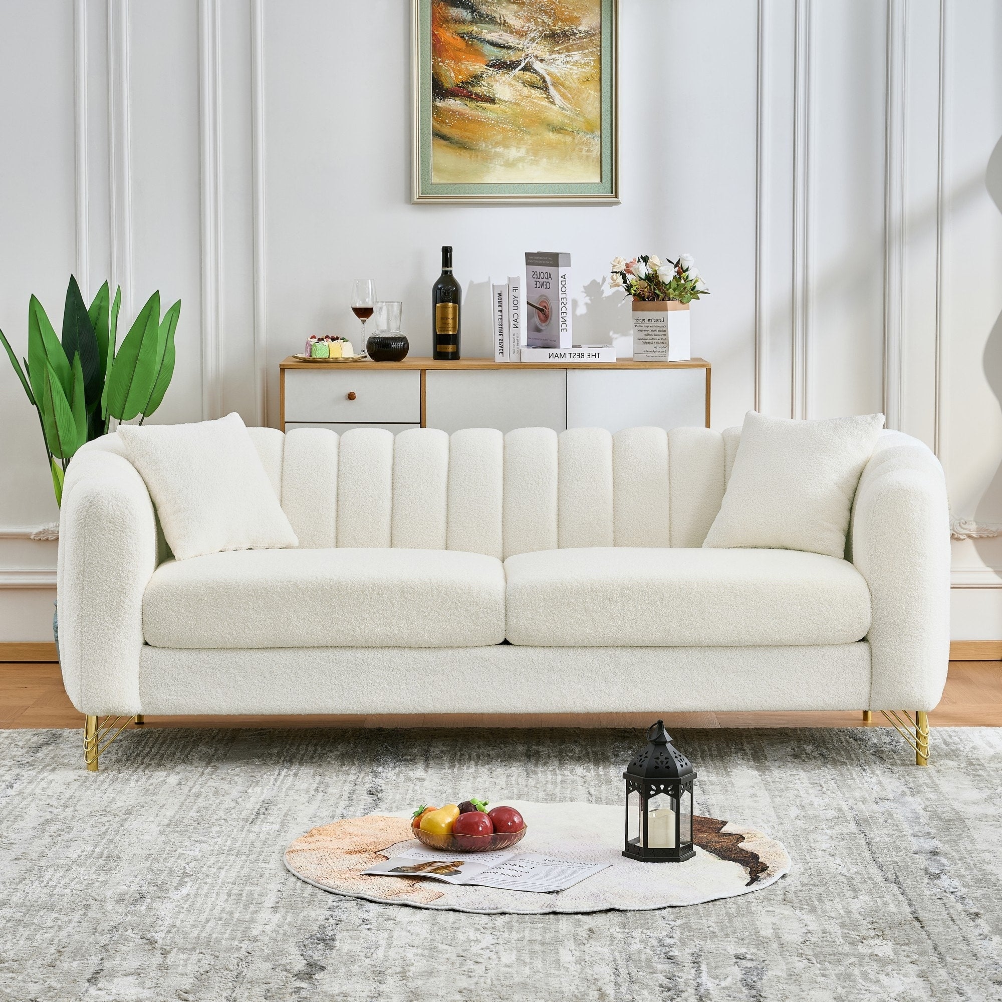 Roomfitters 83 Modern Teddy Fabric Sofa With Gold Legs Channel Stitched 3 Seater Upholstered Couch For Living Room White