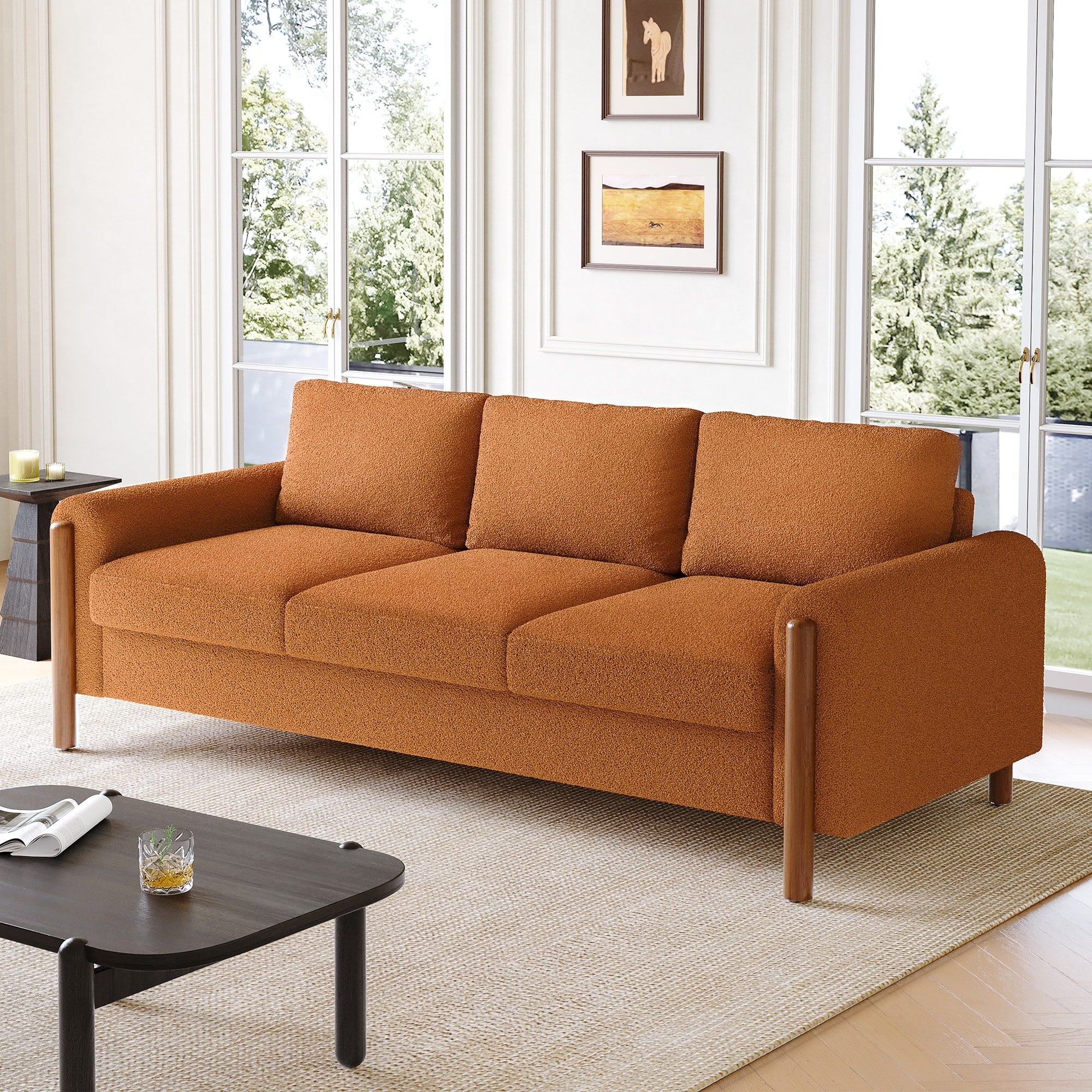 Roomfitters 84 3 Seater Sofa Teddy Velvet Couch With Integrated Solid Wood Legs And Curved Arc Armrests
