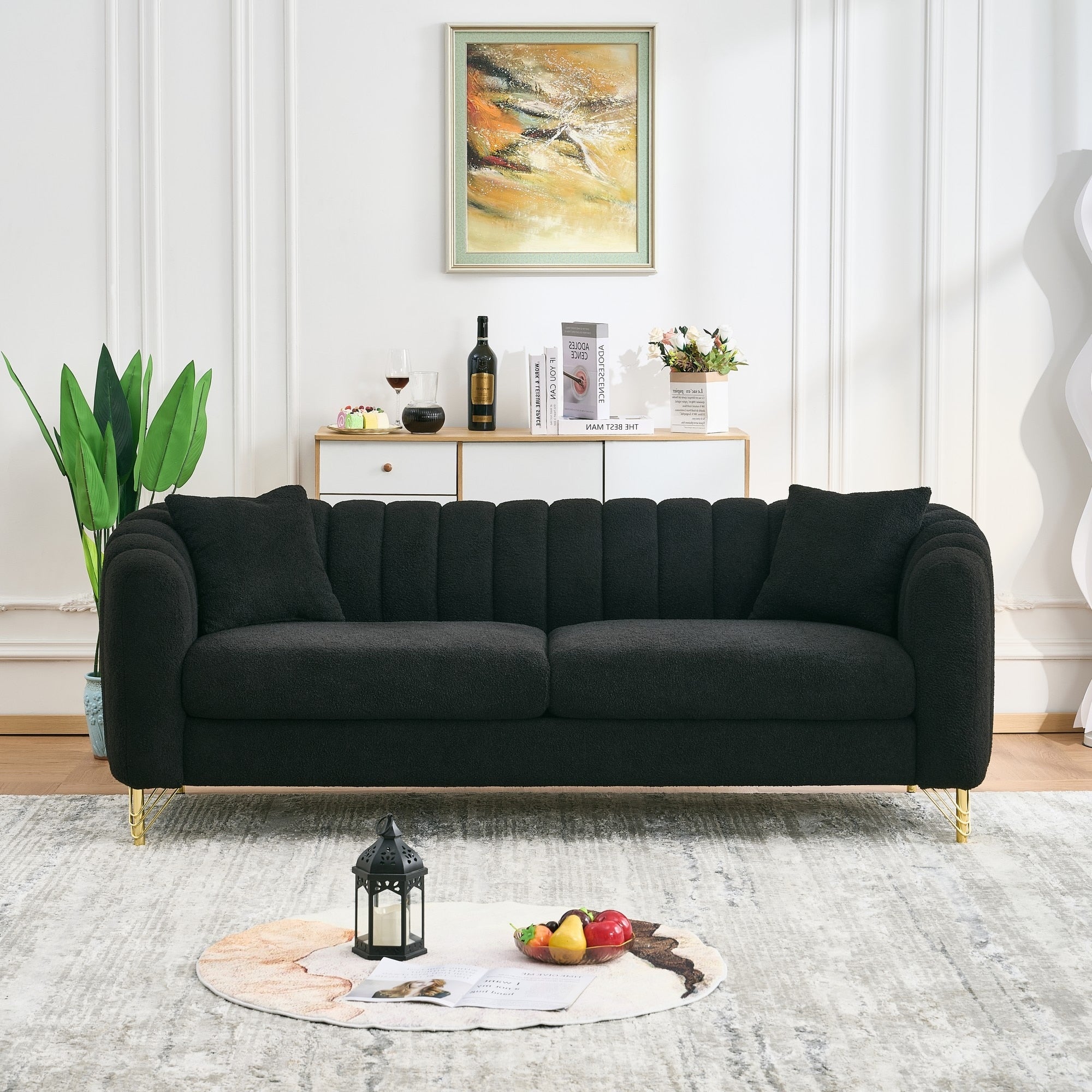 Roomfitters 85 Modern Teddy Fabric Sofa With Gold Legs Channel Stitched 3 Seater Couch For Living Room And Office