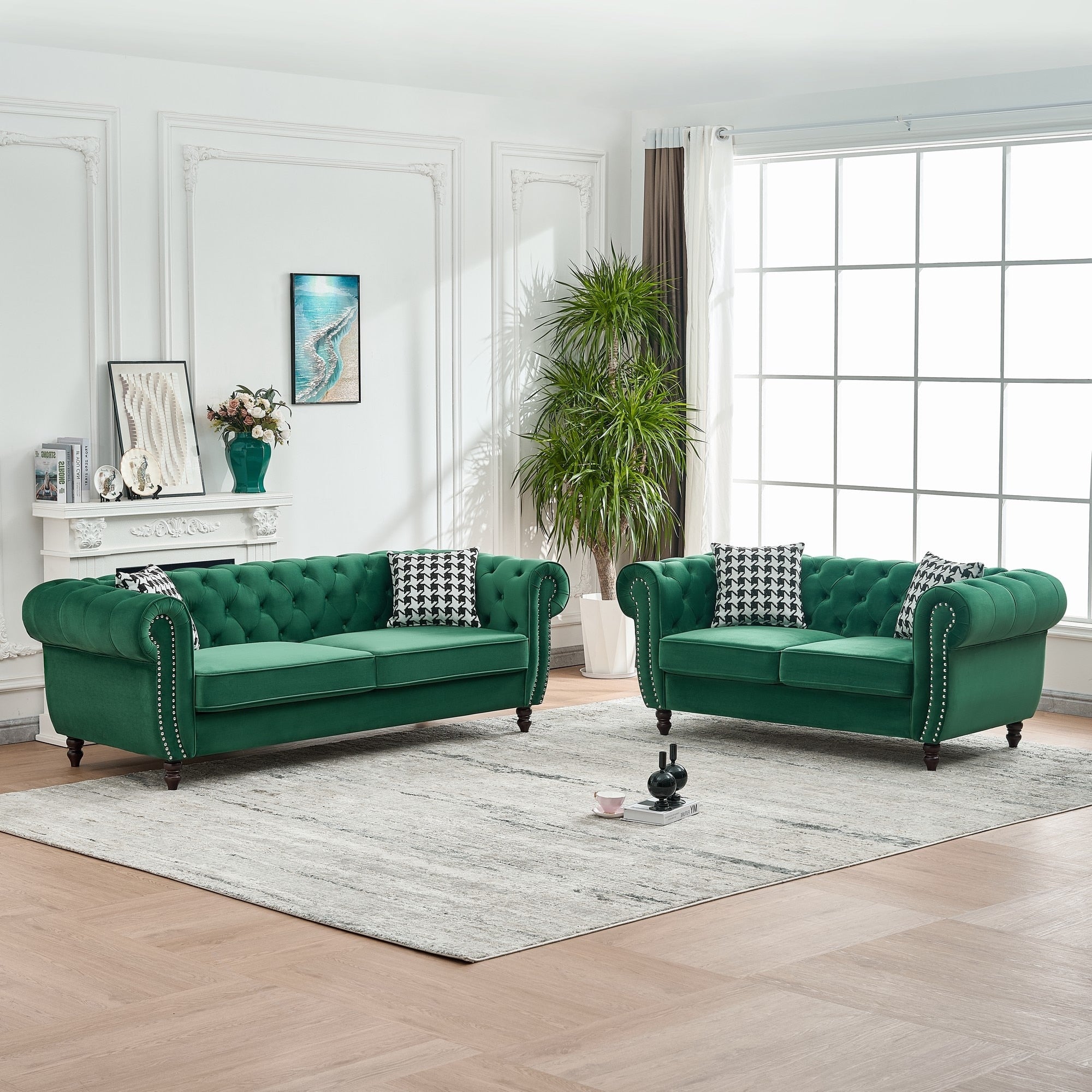 Roomfitters 85 65 Classic Chesterfield Upholstered Sofa And Loveseat Set Scrolled Arm Couch With Button Back Design