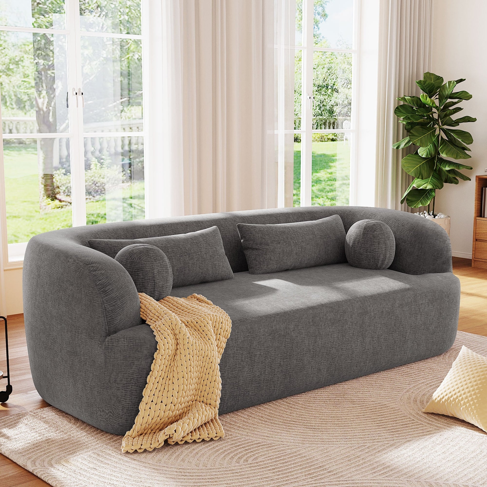 Roomfitters 86 Inch Modern Curvy Sofa 3 Seater Rounded Upholstered Couch With Plush Throw Pillows For Living Room