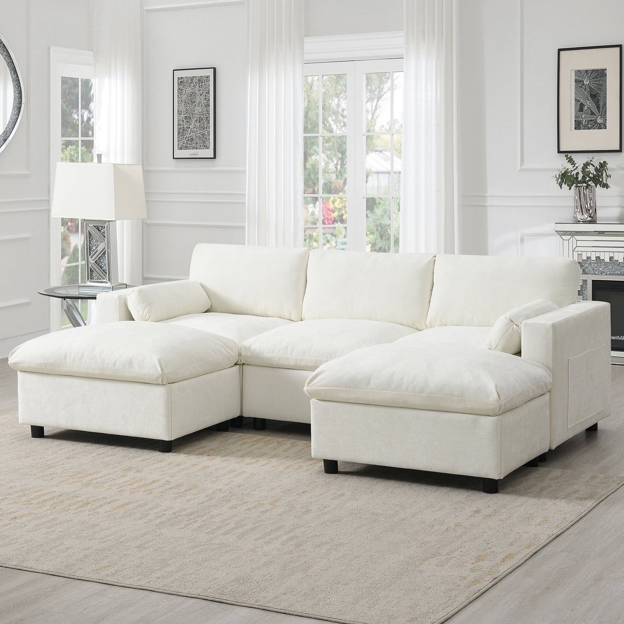 Roomfitters 86.5 U Shaped Sectional Sofa Chenille Cloud Couch With 2 Movable Ottomans Armrest Pillows 5 Seat Sofa