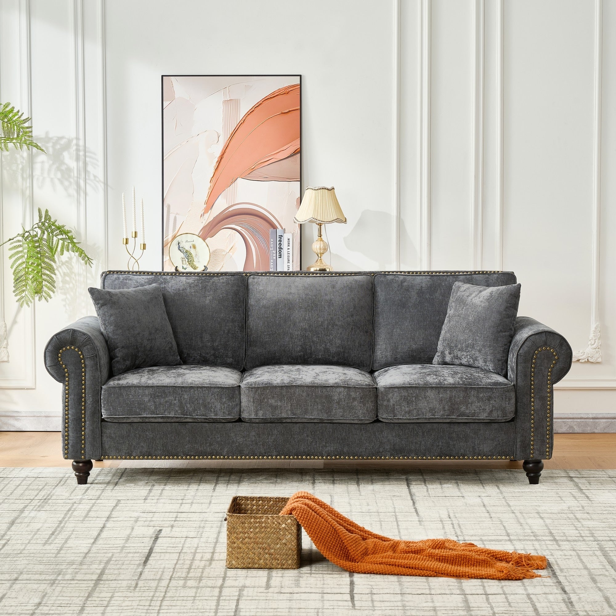 Roomfitters 86 Modern Upholstered Sofa With Scrolled Arms And Nailhead Trim Classic 3 Seater Couch For Living Room