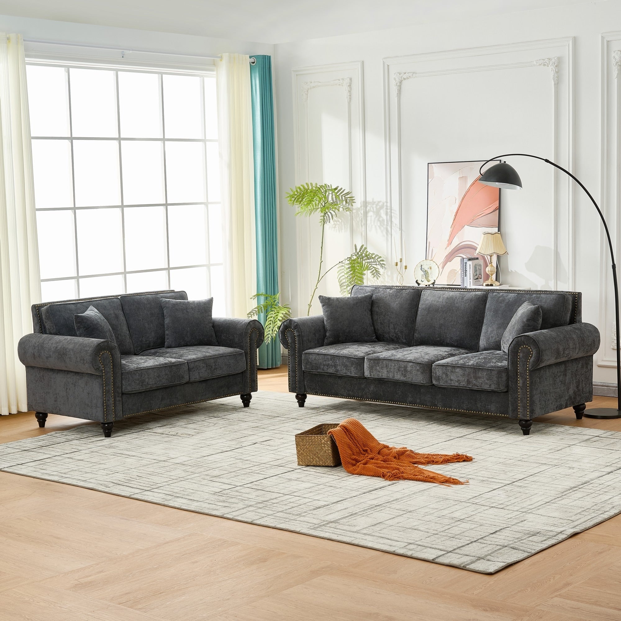 Roomfitters 86 63 Scrolled Arm Sofa And Loveseat Set With Nailhead Trim 2 Piece Living Room Upholstered Couch Set Gray