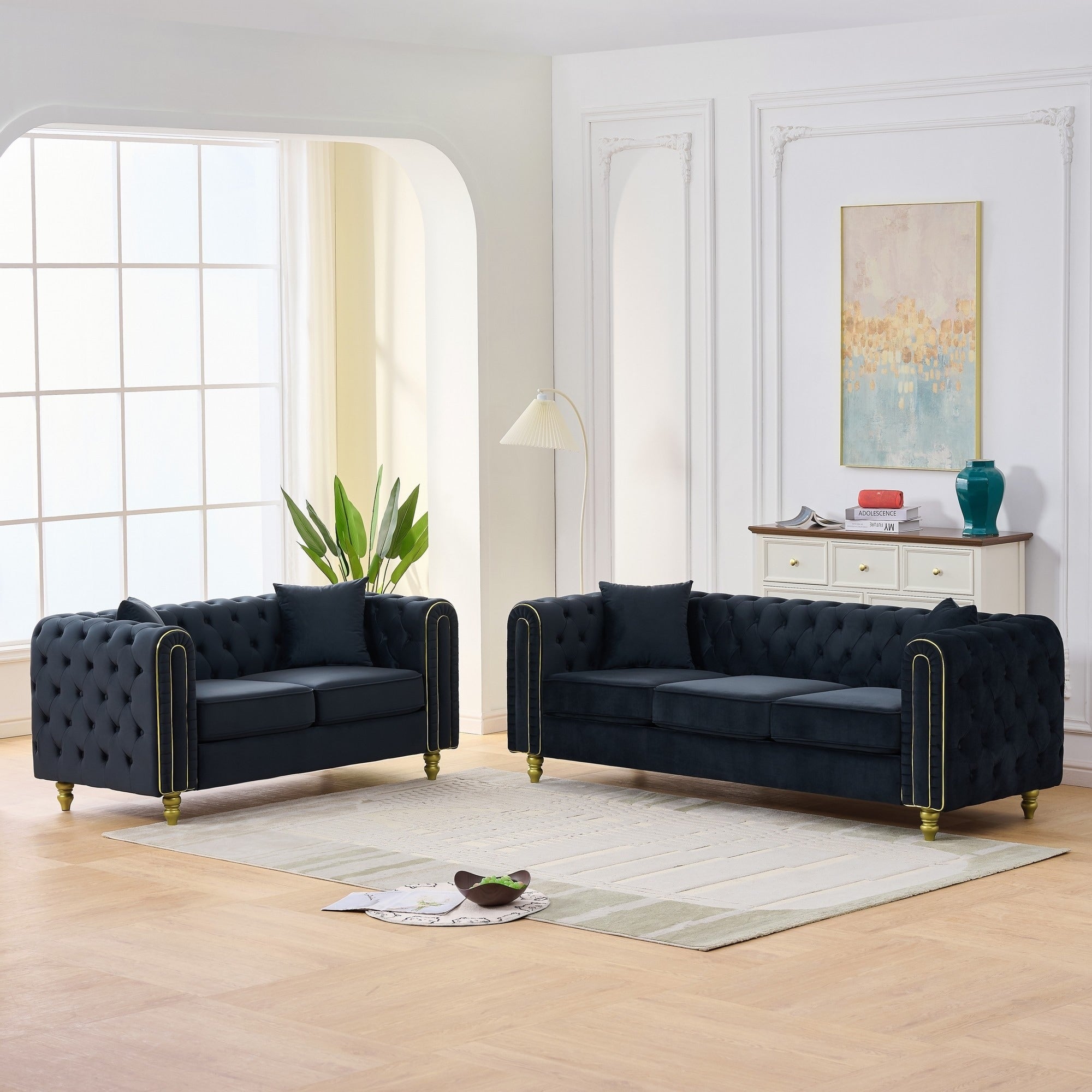Roomfitters 86 And 63 Modern Tuxedo Chesterfield Sofa And Loveseat Set With Gold Trim Button Back 2 Piece Couch Set