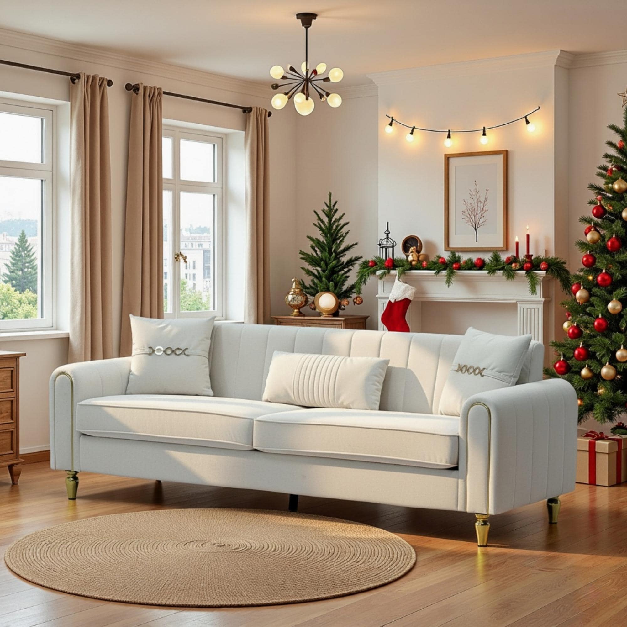 Roomfitters 87.4 Inch 3 Seater Elegant Modern Upholstered Sofa With Gold Metal Trim Vertical Channel Tufted Back
