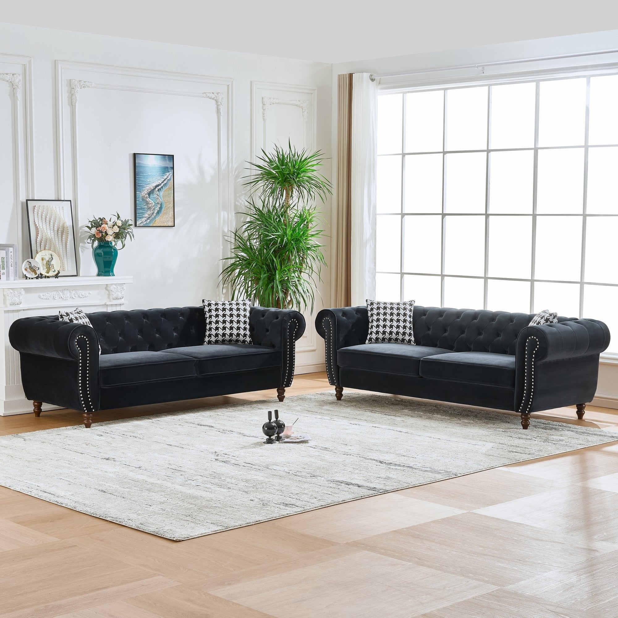 Roomfitters 87 Classic Chesterfield Upholstered 2 Piece Sofa Set Buttoned Back Scrolled Arm 3 3 Couch Furniture Set