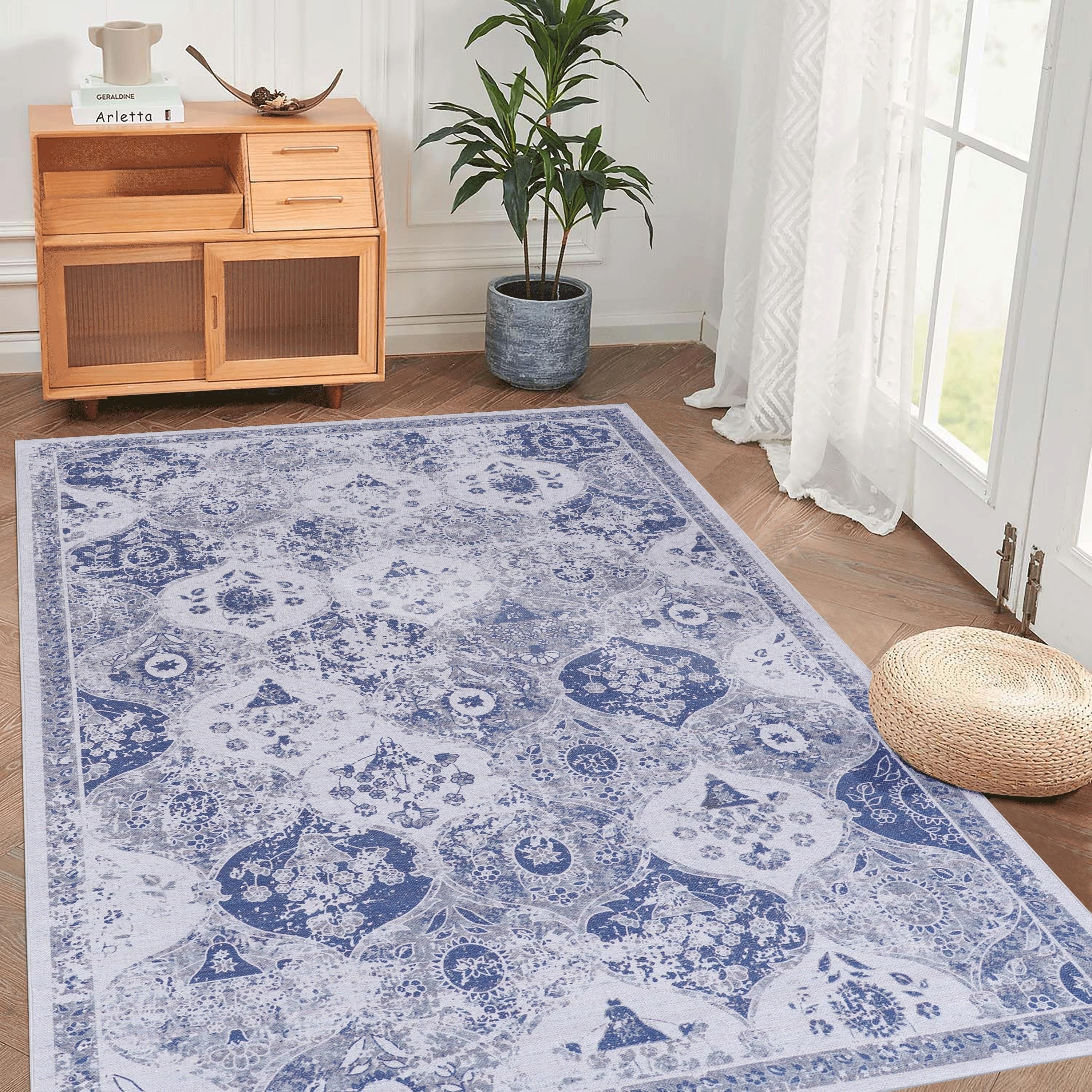 Roomfitters 8X10 Machine Washable Boho Vintage Area Rug Non Slip Pet Friendly Indoor Living Room Decor Carpet Blue 8 X 9