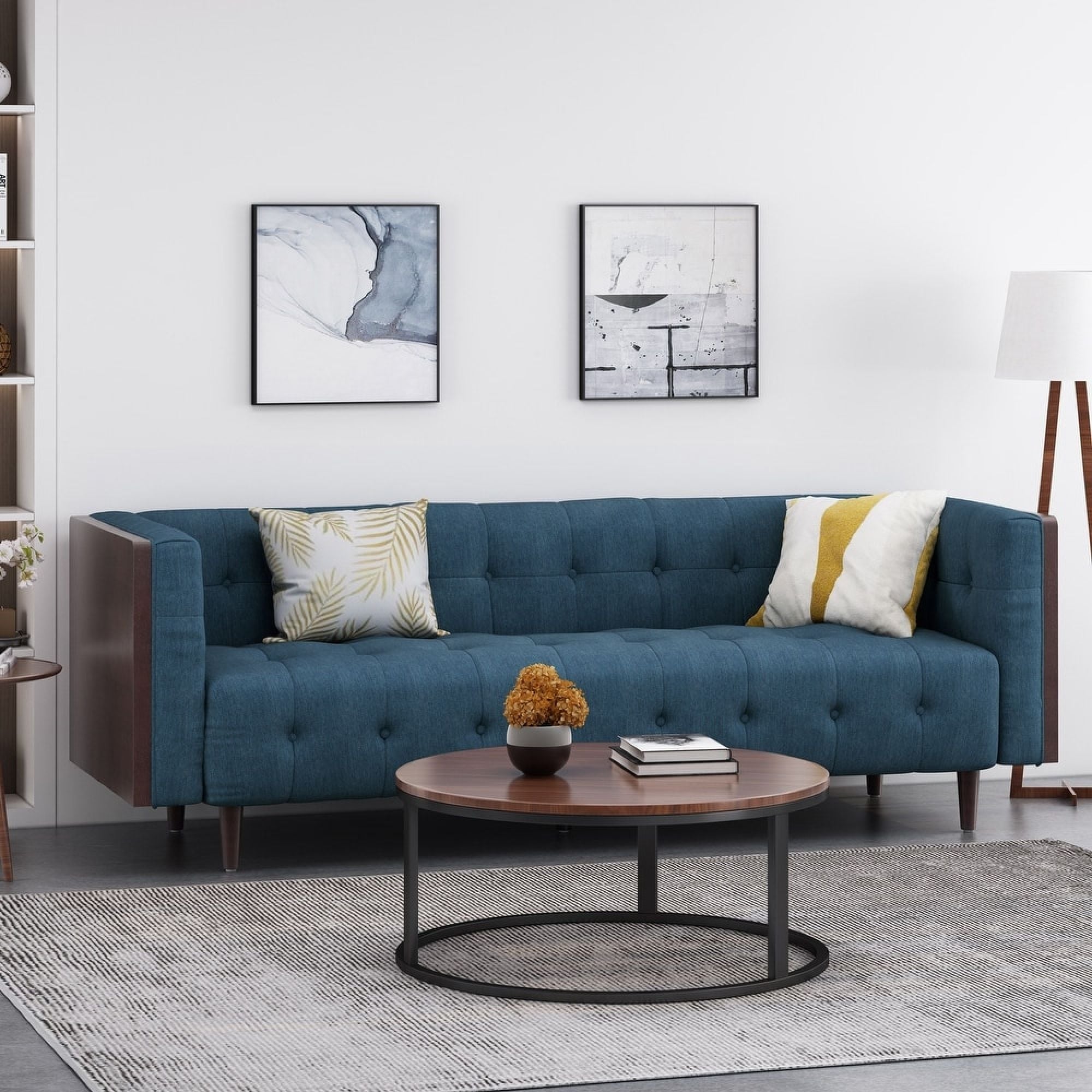 Roomfitters 90 Inch Mid Century Sofa Button Tufted Waffle Stitch 3 Seater Couch Tapered Rubberwood Base