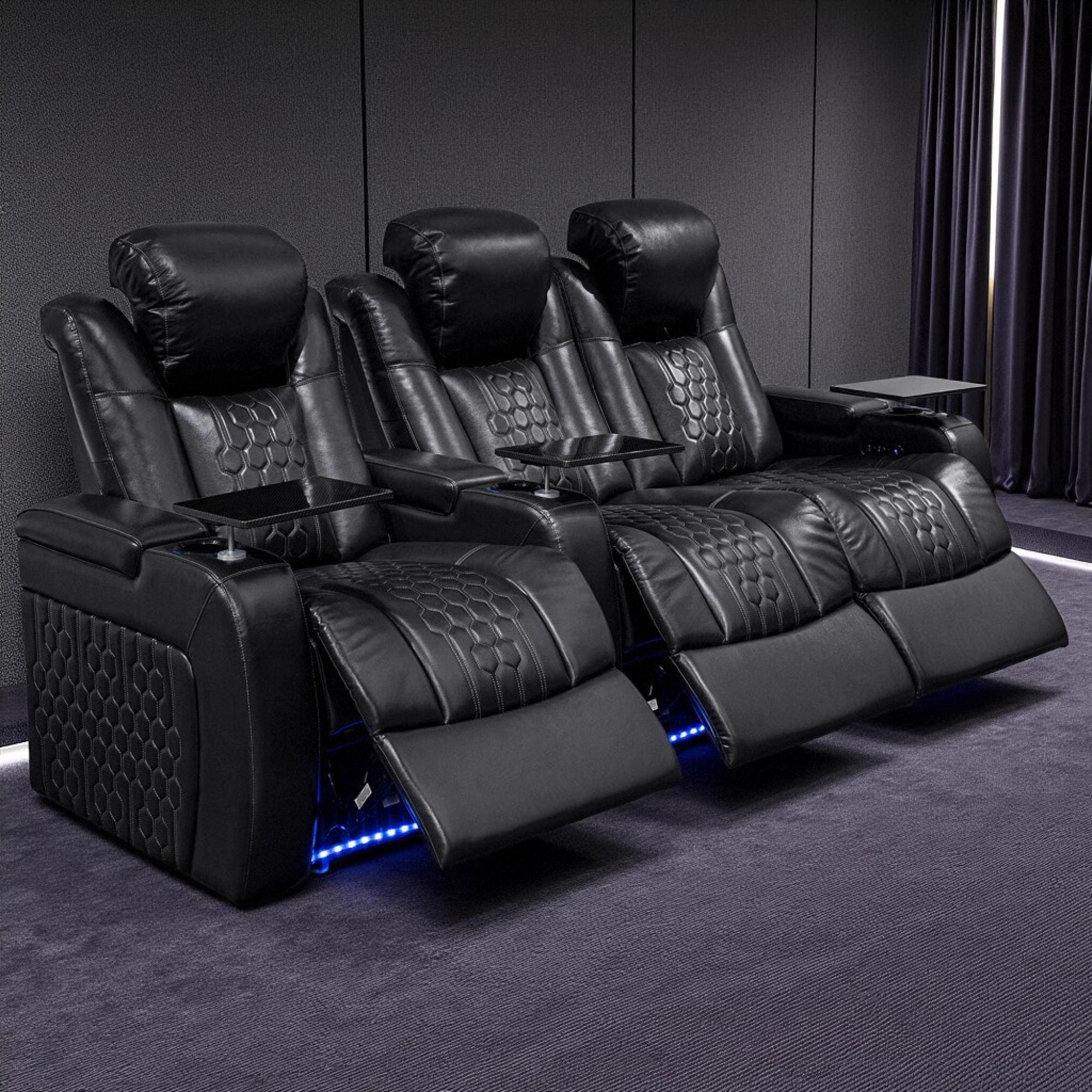 Roomfitters 93.3 Power Recliner 3 Piece Set Top Grain Nappa Leather 17 Color Rgb Led Usb C Charging Black