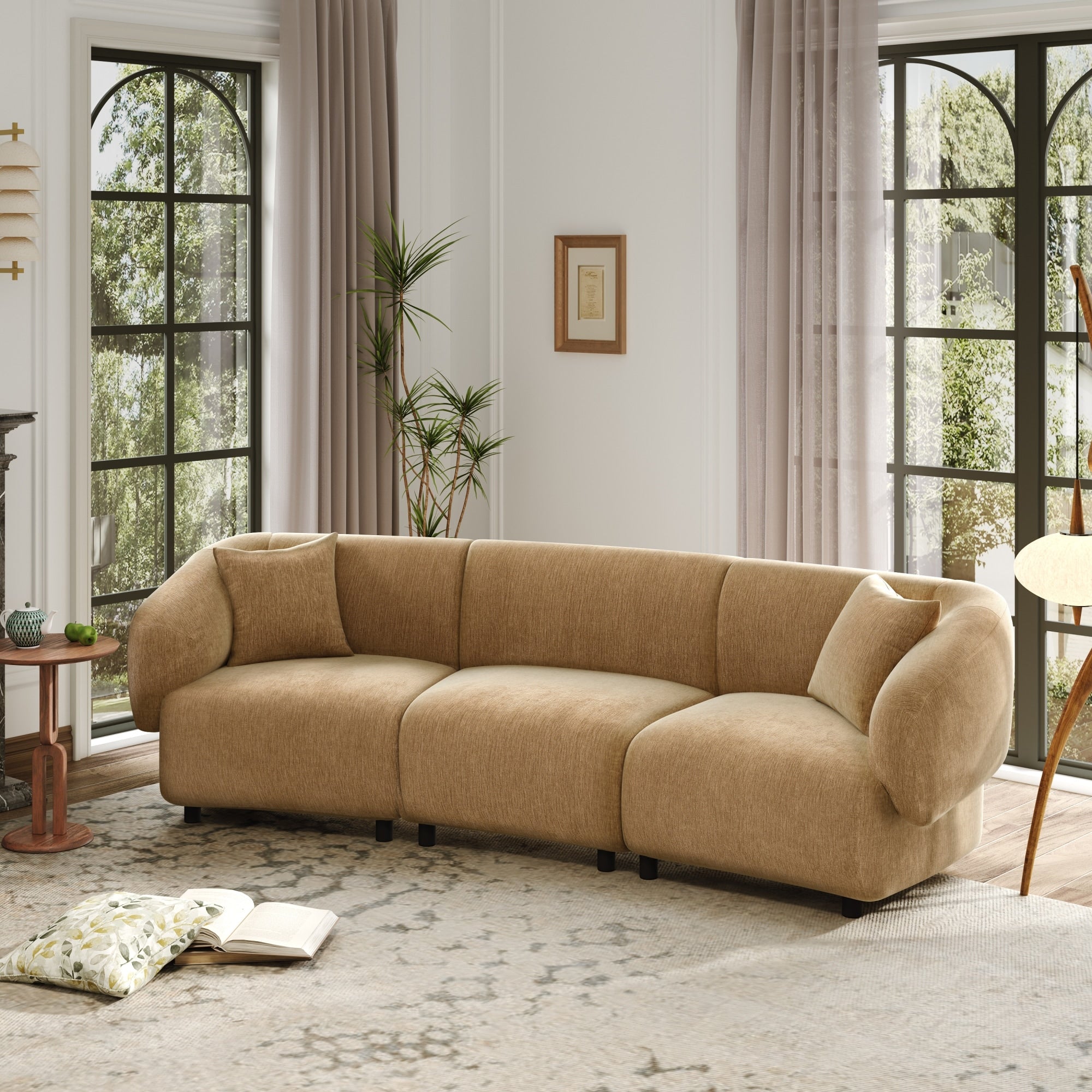 Roomfitters 98.5 Inch Curved Mocha 3 Seater Sofa Sculptural Sectional Couch High Density Foam Living Room Seating