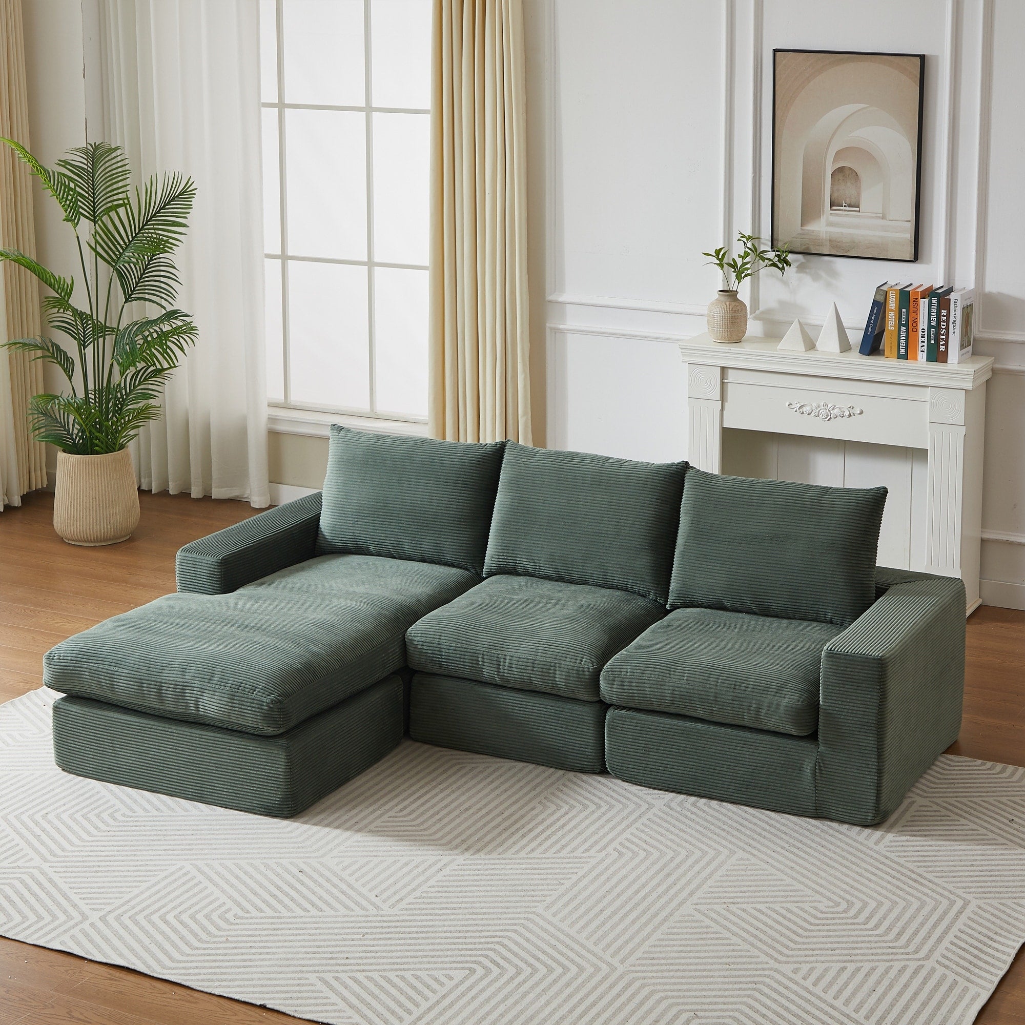 Roomfitters 99 L Shaped Corduroy Upholstered Sectional Sofa Modern 3 Seater Sectional Couch With Pillows Living Room Green