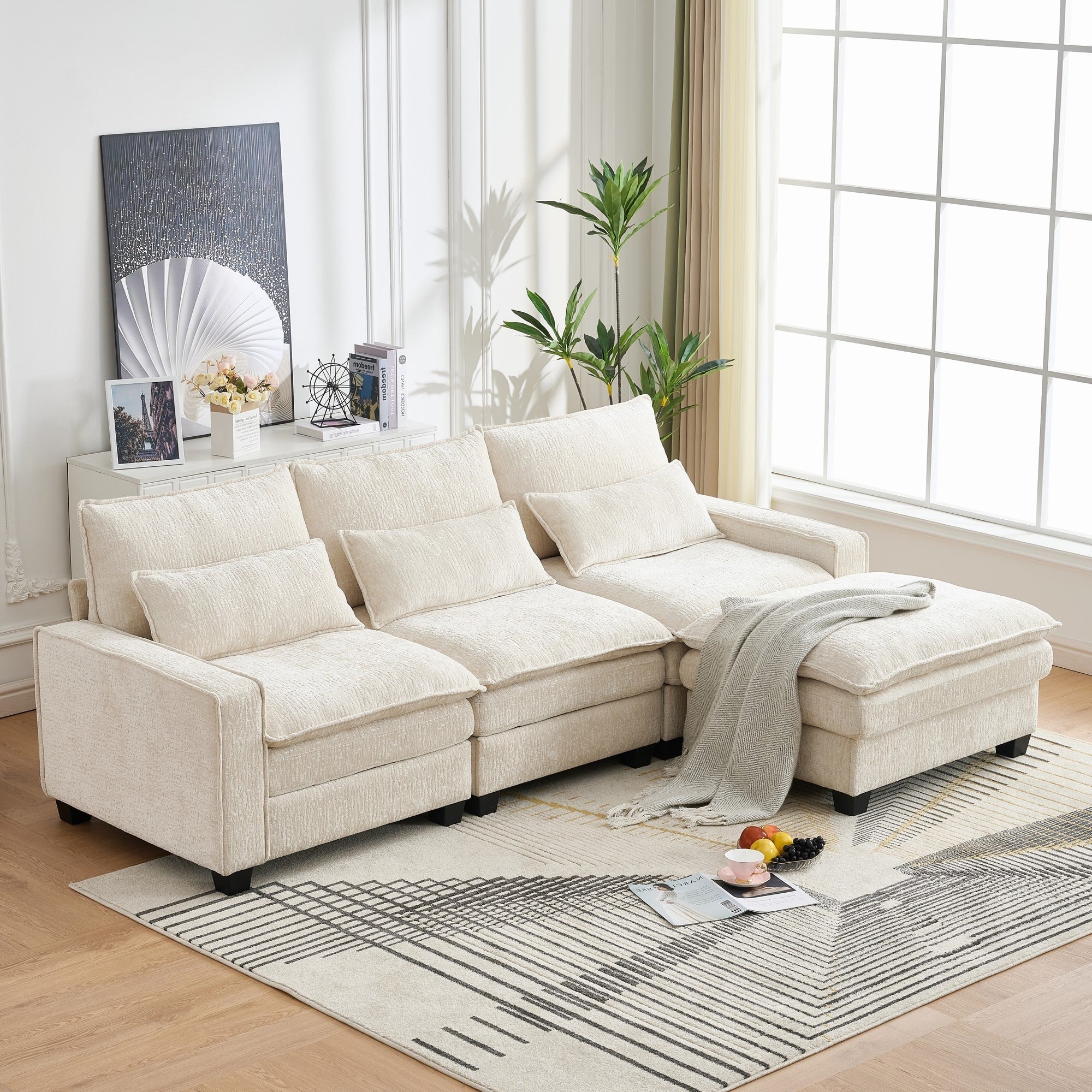 Roomfitters 99 Modern Modular Sectional Sofa With Reversible Ottoman Padded Armrest Couch With Lumbar Pillows