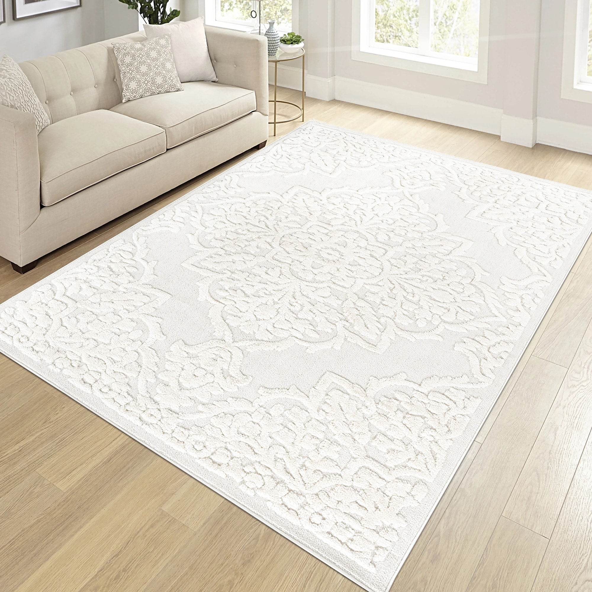 Roomfitters 9X12 Machine Washable Boho Vintage Area Rug Non Slip Pet Friendly Indoor Living Room Decor Carpet Cream