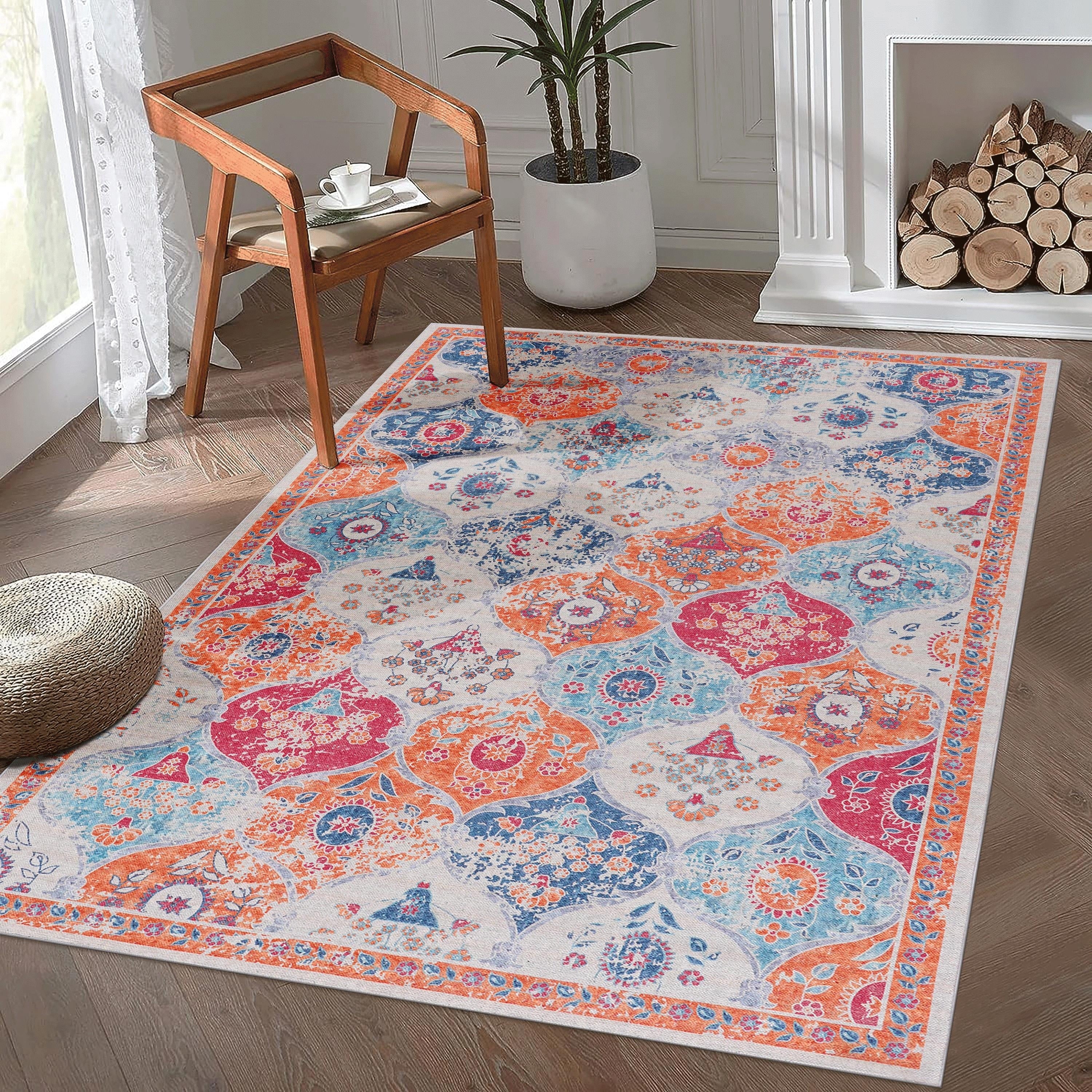 Roomfitters 9X12 Machine Washable Boho Vintage Area Rug Non Slip Pet Friendly Indoor Living Room Decor Carpet Cream