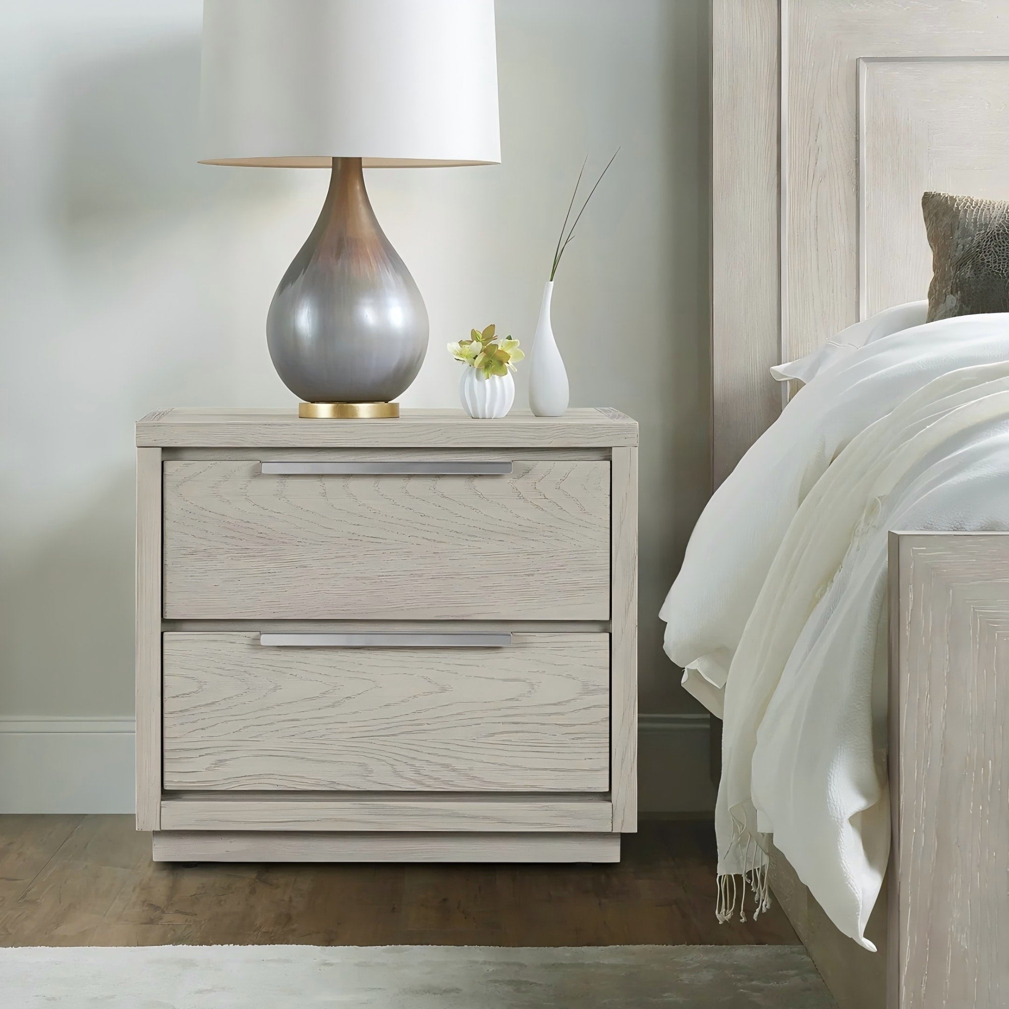 Roomfitters Abbey Modern Gray Oak Wood Nightstand Contemporary Bedside Table With 2 Storage Compartments Silver Pull Handles
