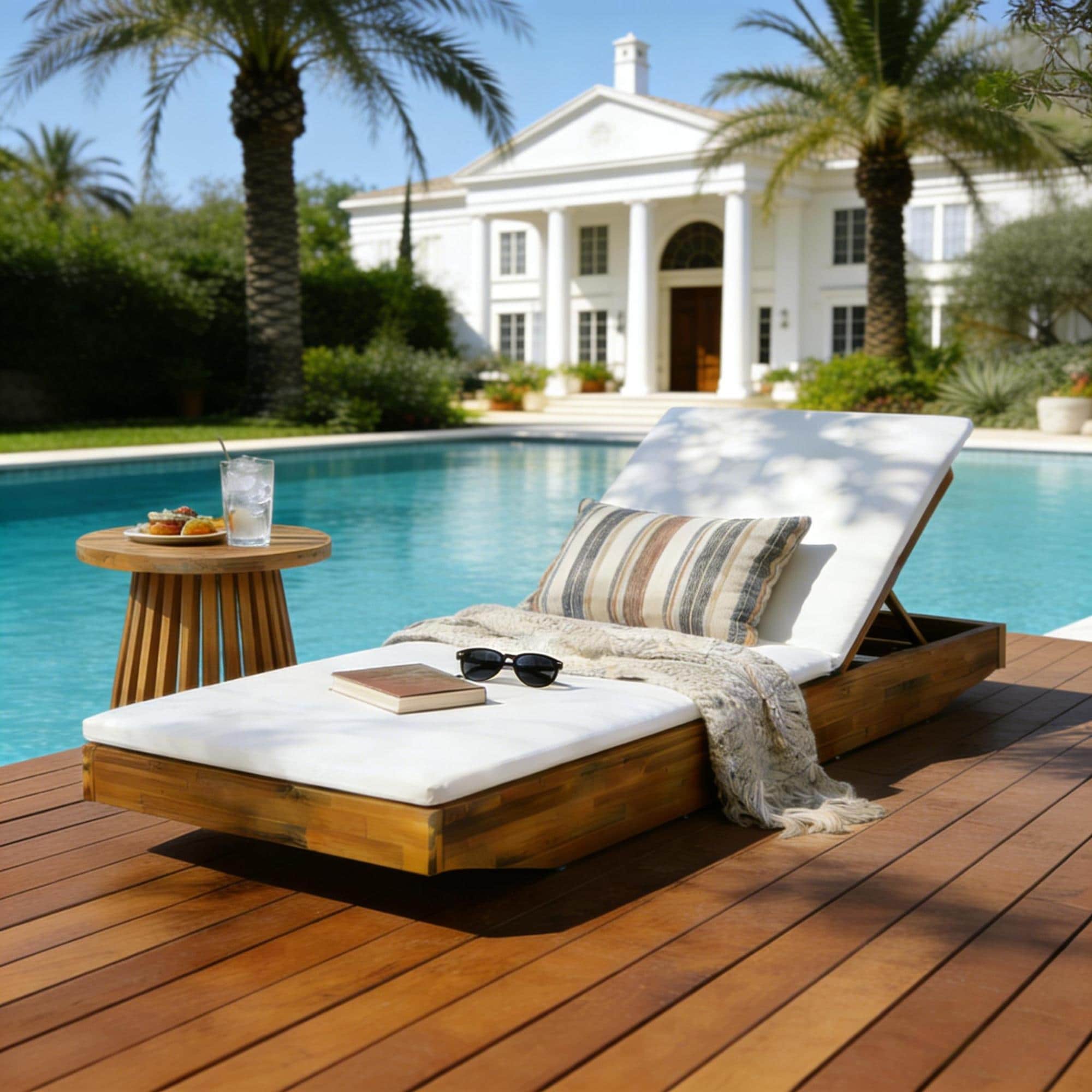 Roomfitters Acacia Wood Chaise Lounge Cream 2 Fold Thin Water Repellent Cushion Teak Finish Reclining Sun Lounger