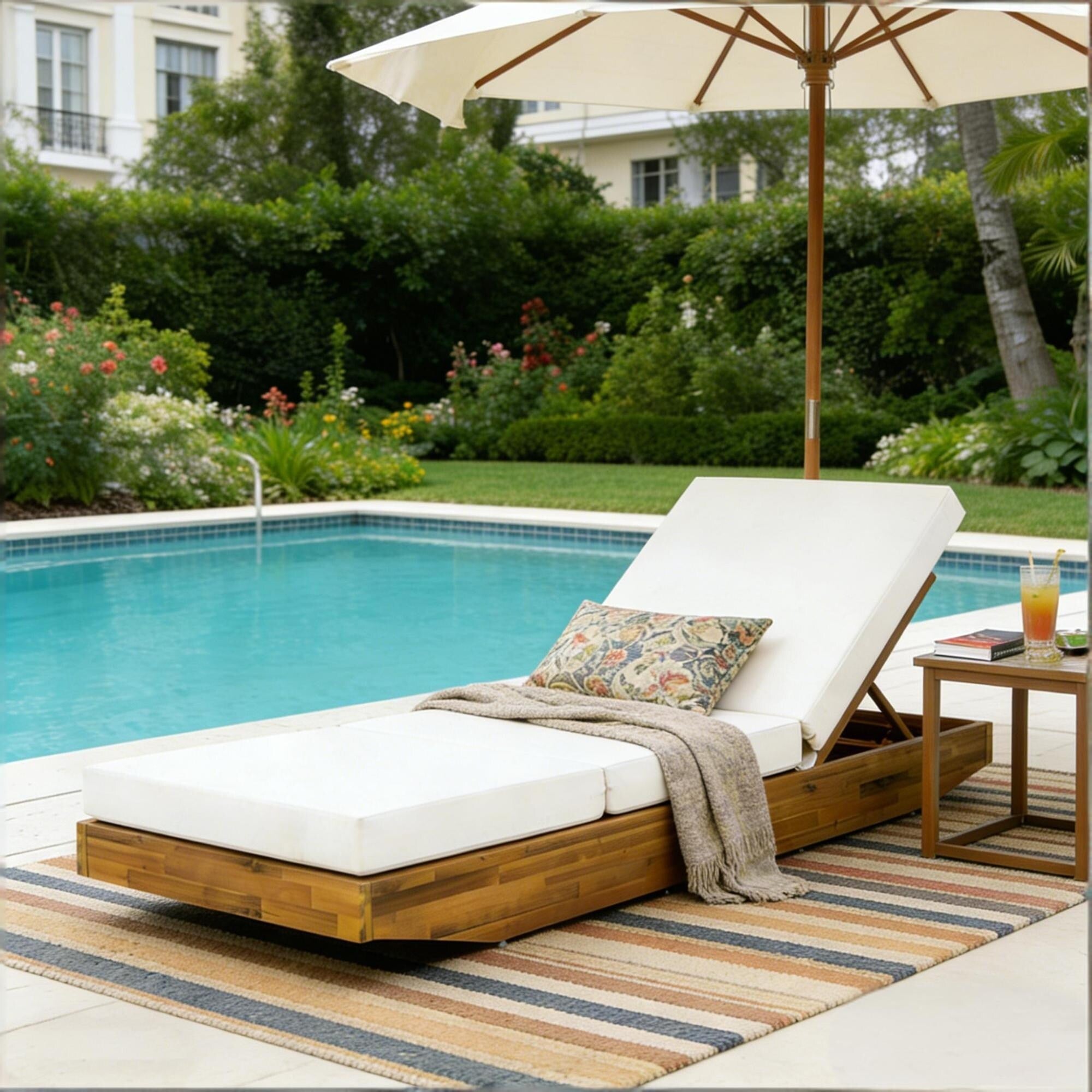Roomfitters Acacia Wood Chaise Lounge Cream 3 Fold Water Repellent Cushion Teak Finish Reclining Sun Lounger Set