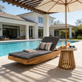 Roomfitters Acacia Wood Chaise Lounge Grey 2 Fold Thin Water Repellent Cushion Teak Finish Reclining Sun Lounger