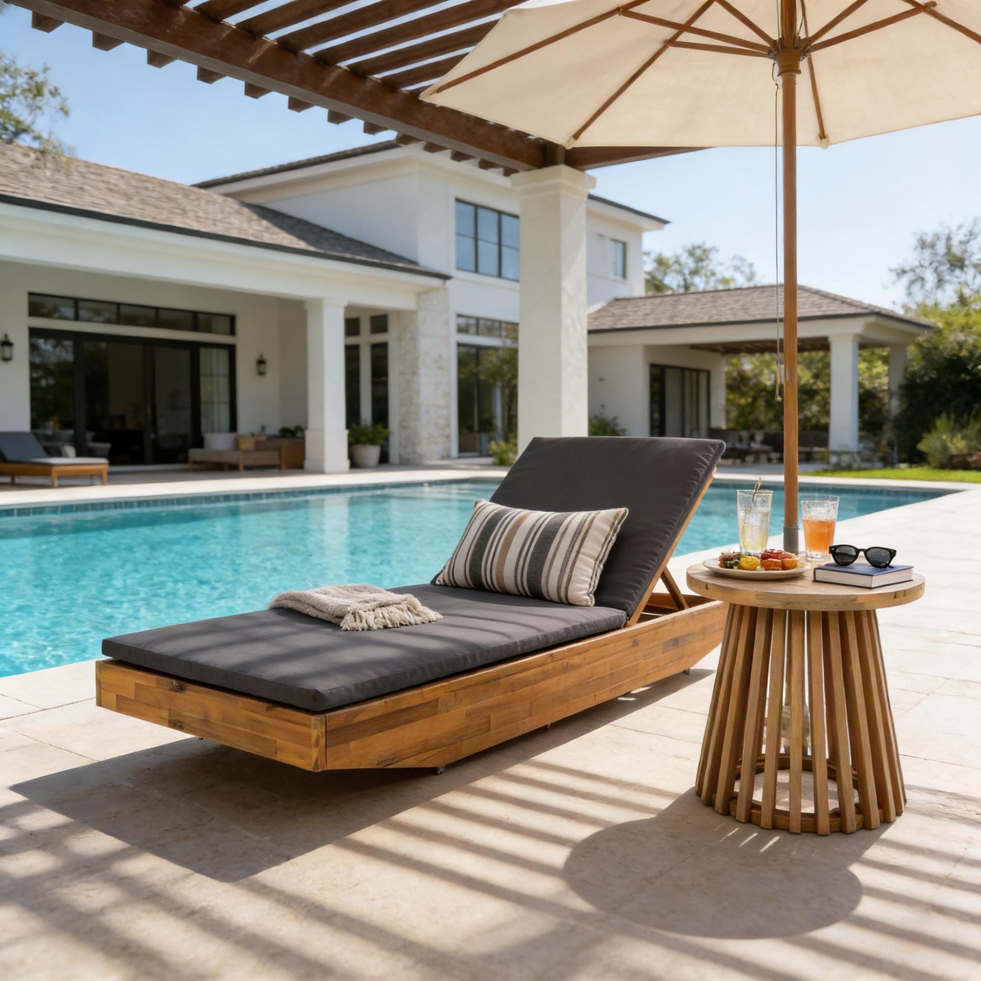 Roomfitters Acacia Wood Chaise Lounge Grey 2 Fold Thin Water Repellent Cushion Teak Finish Reclining Sun Lounger