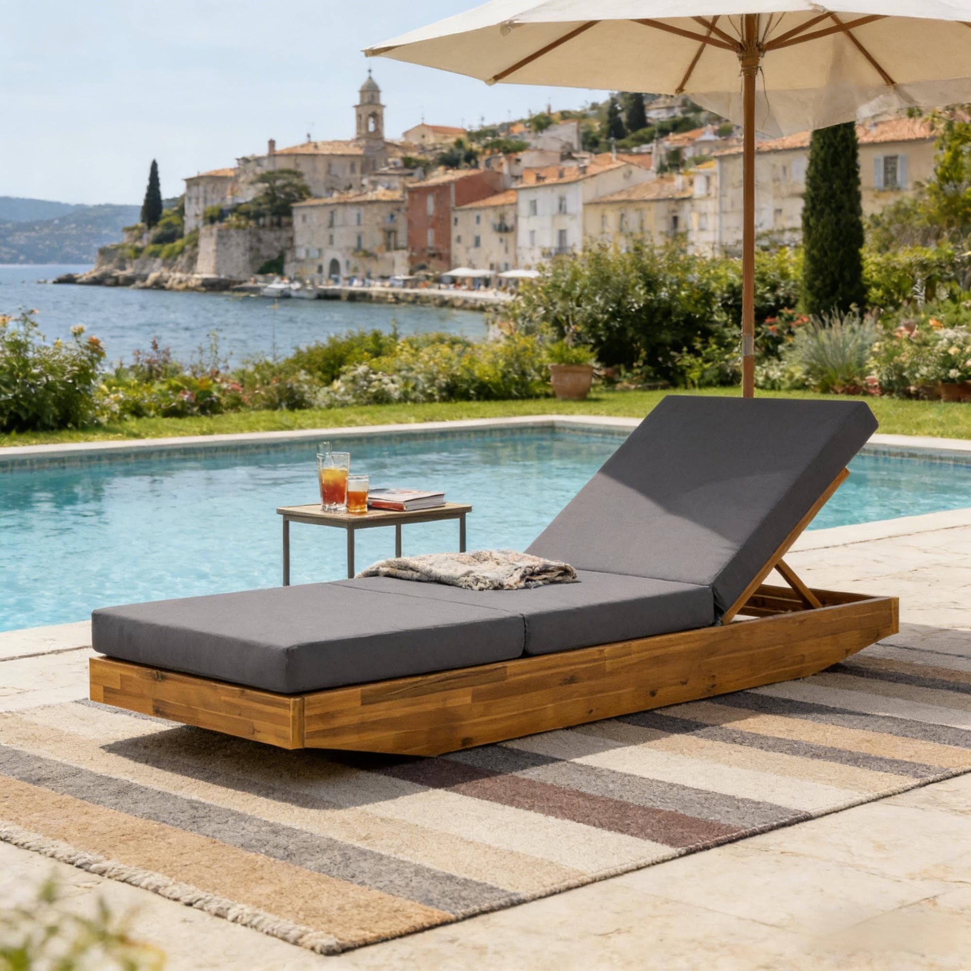 Roomfitters Acacia Wood Chaise Lounge Grey 3 Fold Water Repellent Cushion Teak Finish Reclining Sun Lounger Set