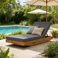 Roomfitters Acacia Wood Chaise Lounge Grey Water Repellent Cushion Teak Finish Reclining Sun Lounger Poolside Daybed