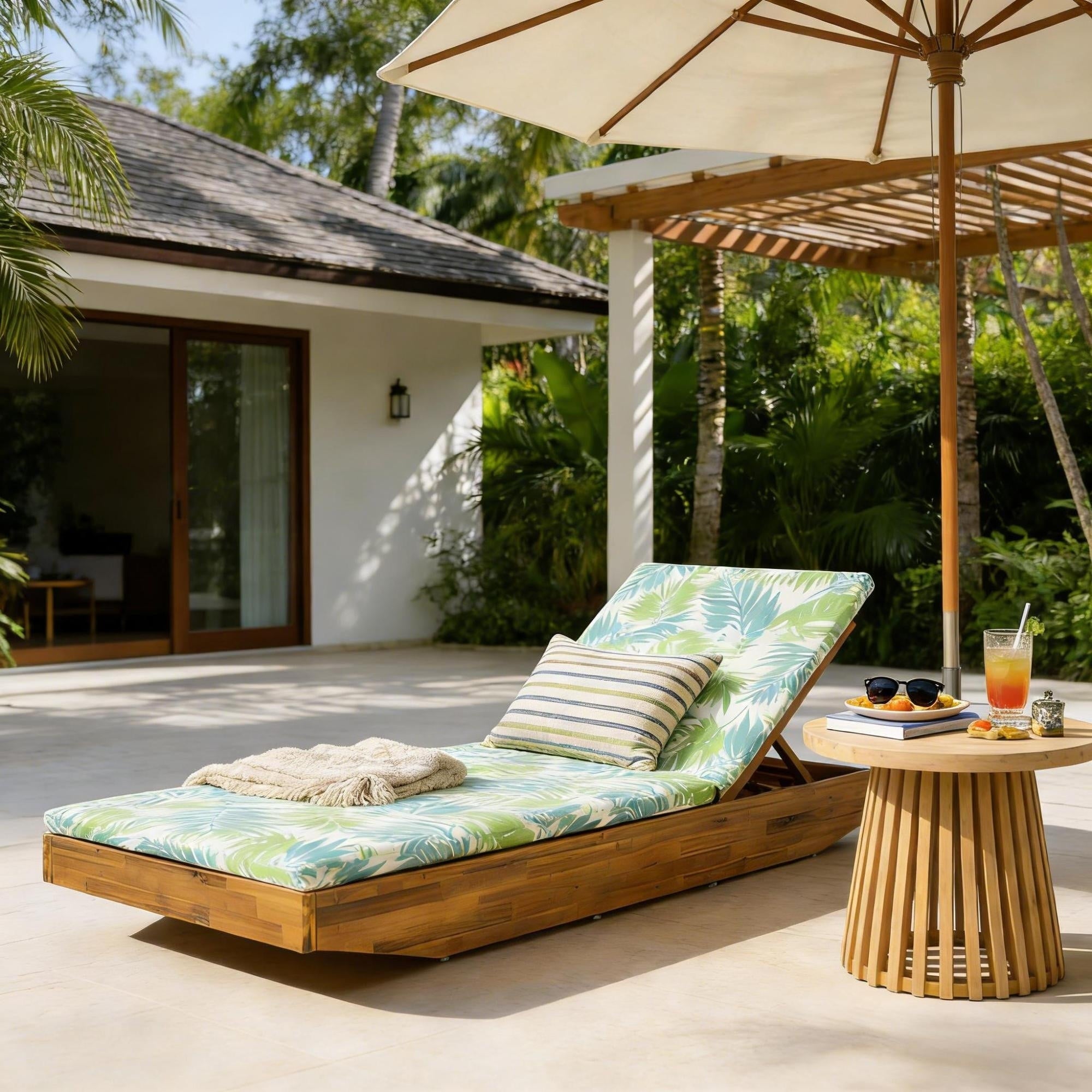 Roomfitters Acacia Wood Chaise Lounge Leaf Coconut Thin Water Repellent Cushion Teak Finish Reclining Sun Lounger