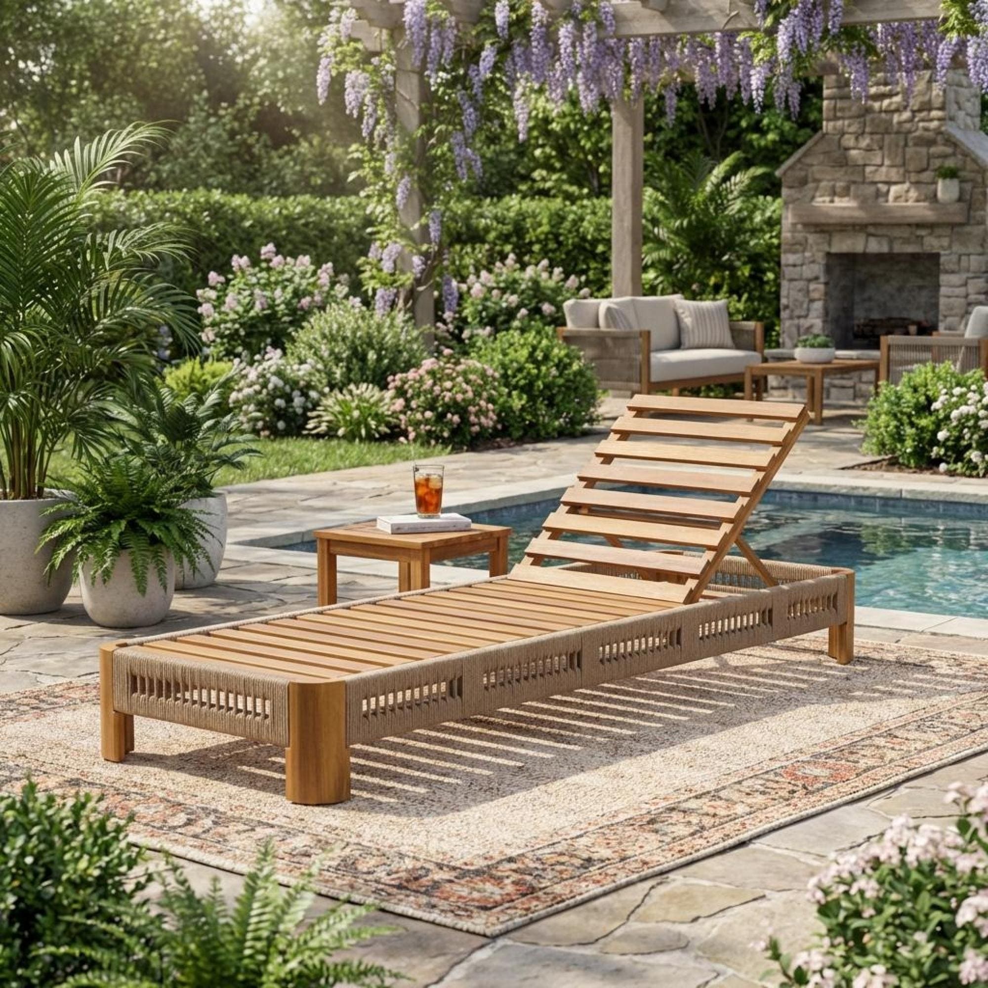 Roomfitters Acacia Wood Outdoor Chaise Lounge Adjustable Patio Recliner Handwoven Rope Natural Wood Poolside Seat